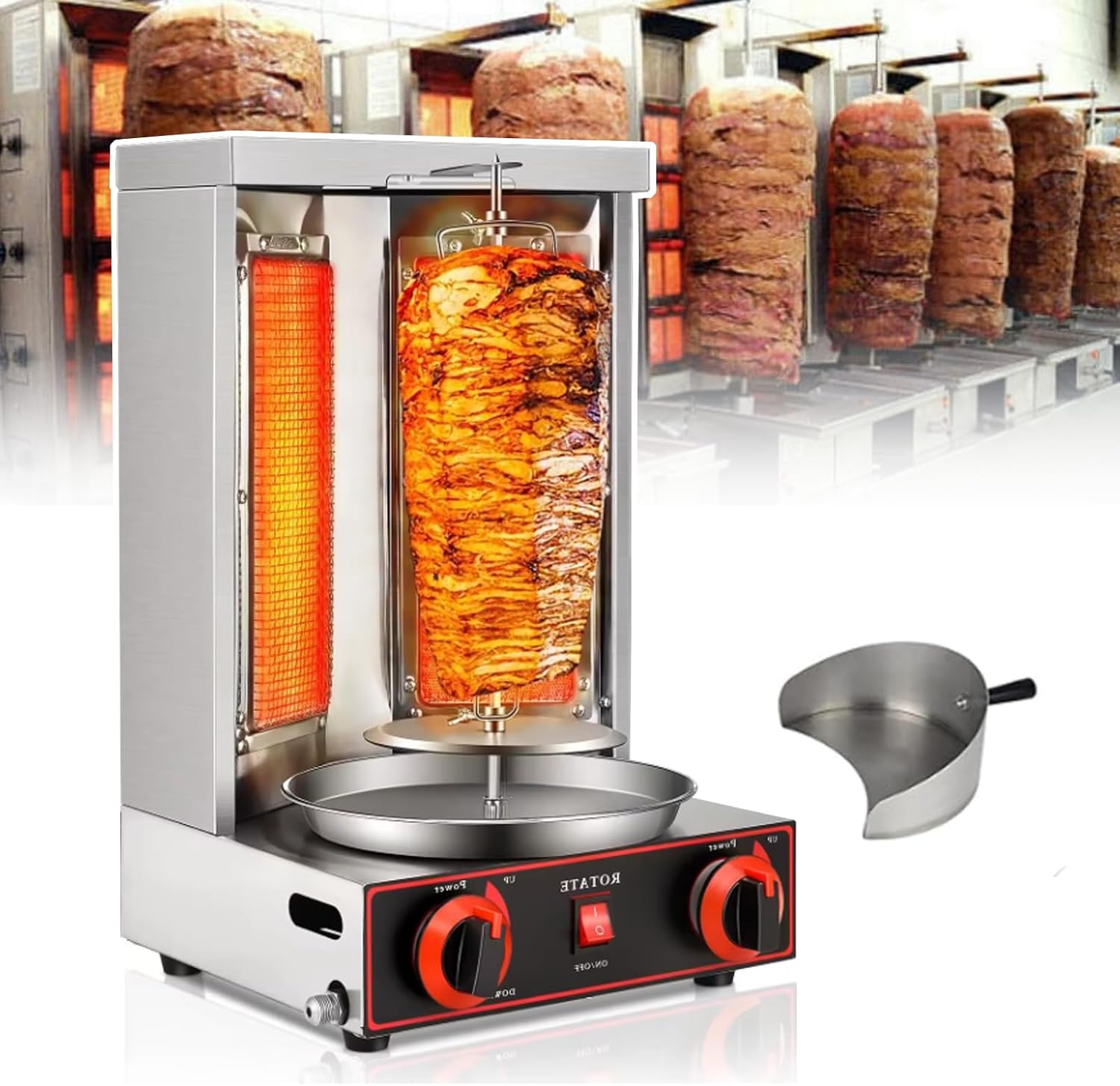 Vertical Commercial Shawarma Lpg/Gas Barbecue Grill, 360° Automatic Rotation, Double-Sided Barbecue Plate + Independent Oil Tray, Adjustable Height, Capacity 6kg/H, 60W