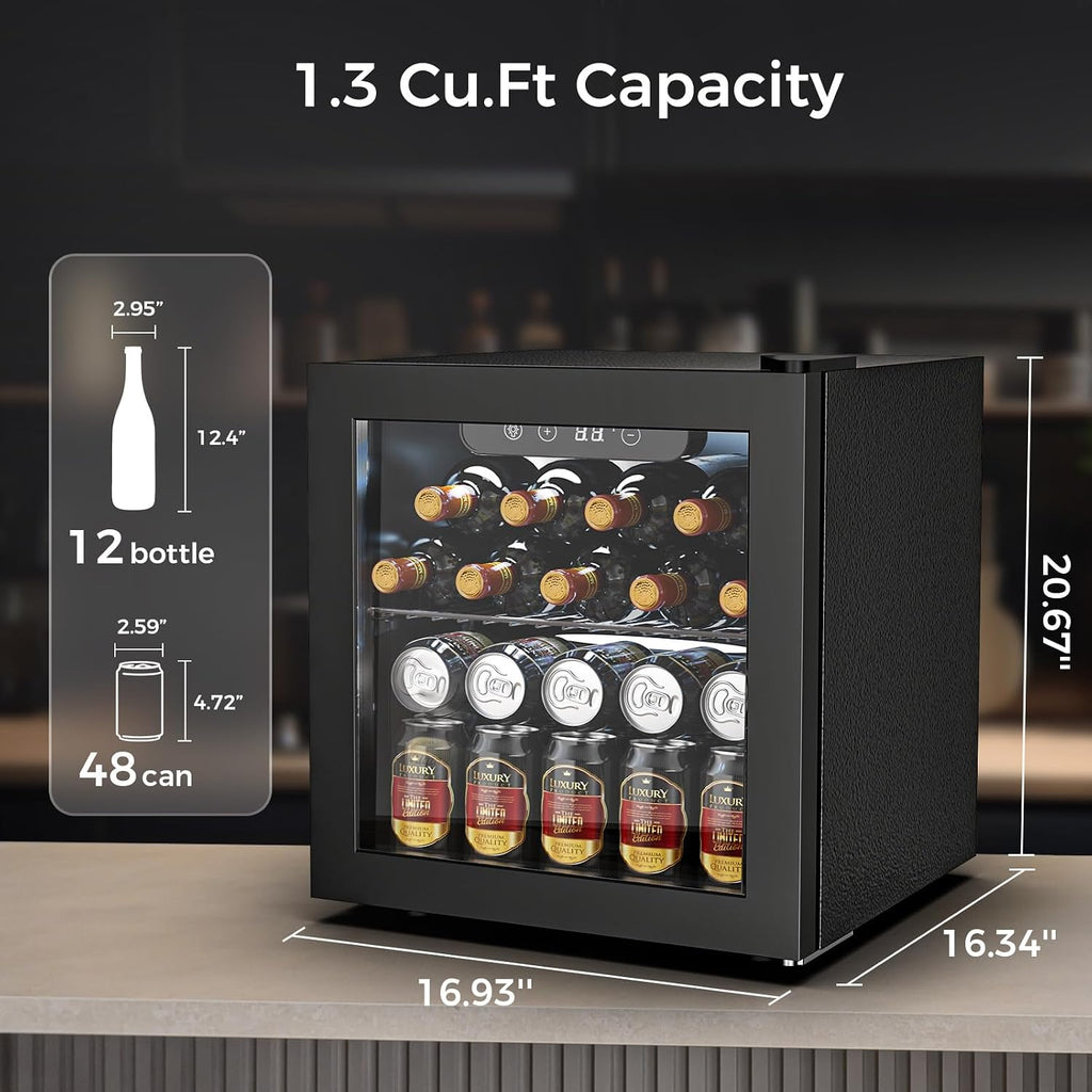Electactic Wine Fridge Freestanding Counter-top 12 Bottles, 50 Cans Wine Cellar Drink Cooler for Soda, Canned Beer, Adjustable Digital Temperature Control for Home Dorm Office, Black