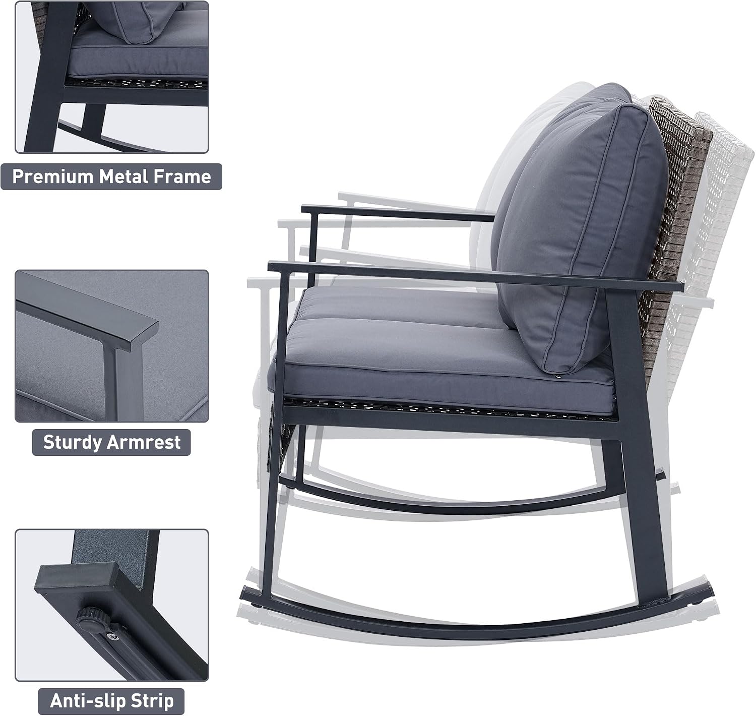 GDY Outdoor Wicker Loveseat Rocking Chair, Patio Outdoor Furniture Conversation Sets, Rattan Rocker Chair with Cushions, Modern Cozy Rocking Wicker Furniture for Garden, Porch, Poolside & Deck, Grey.
