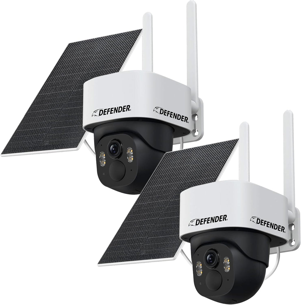 Defender 4G LTE 2K+ AI Frontier PTZ Wireless Outdoor Security Camera, 2 Pack, 5W Solar Panel, 360° AI Tracking, Deterrence, 2 Way Talk, 9400maH Battery, Works with Empower App, eSIM Included