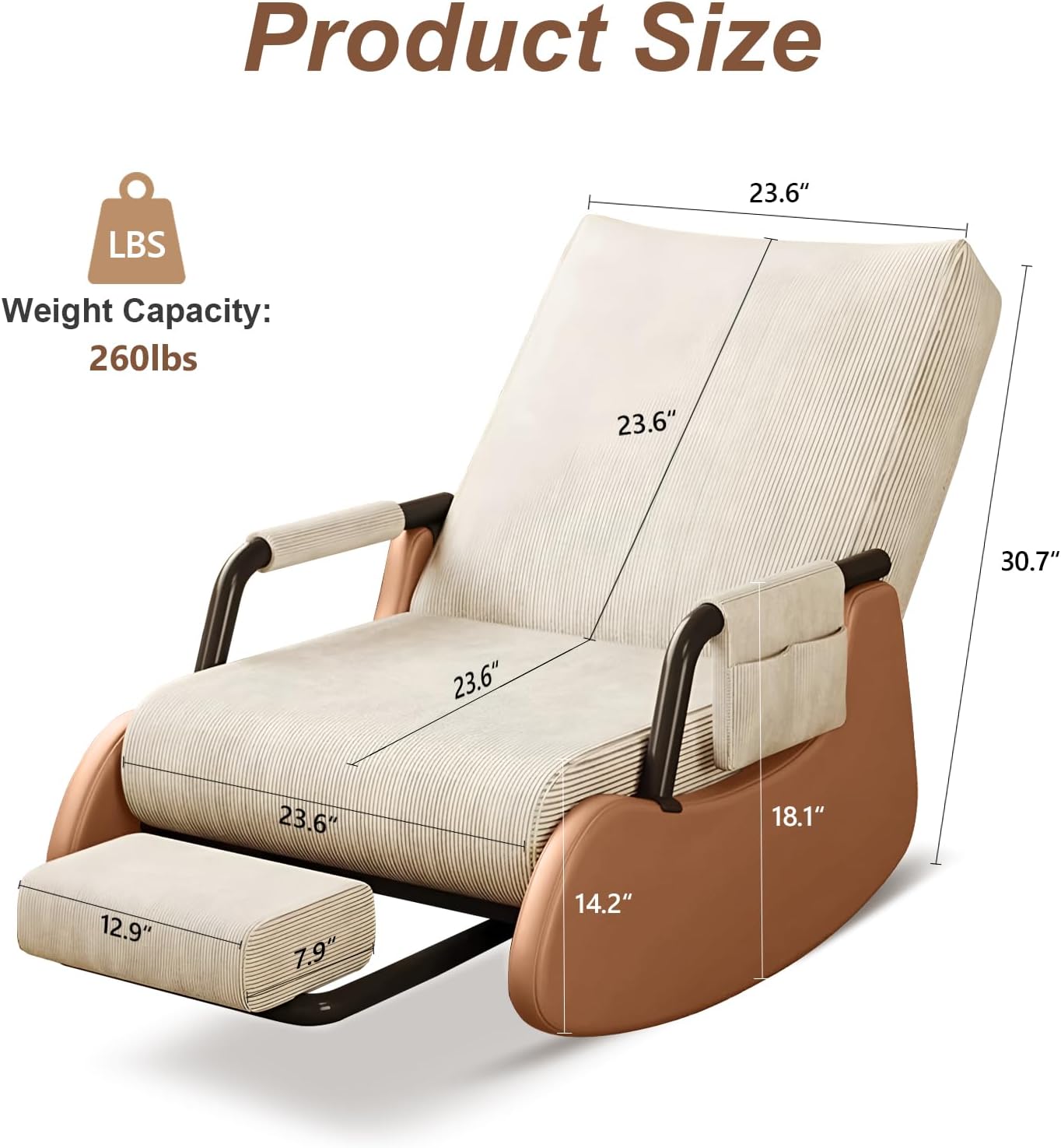 JPBSTO Rocking Chair Nursery, Upholstered Glider Rocking Chair with Footrest, Side Pocket and Adjustable High Backrest, Foldable Rocker Recliner Perfect for Living Room Bedroom, Beige