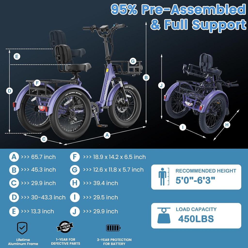 MOONCOOL Electric Trike for Adults, 500W/750W 48V Electric Tricycle for Adults, 20'x3.0' Fat Tire 3 Wheel Electric Bike, Folding Aluminum Adult Tricycle with Removable Battery