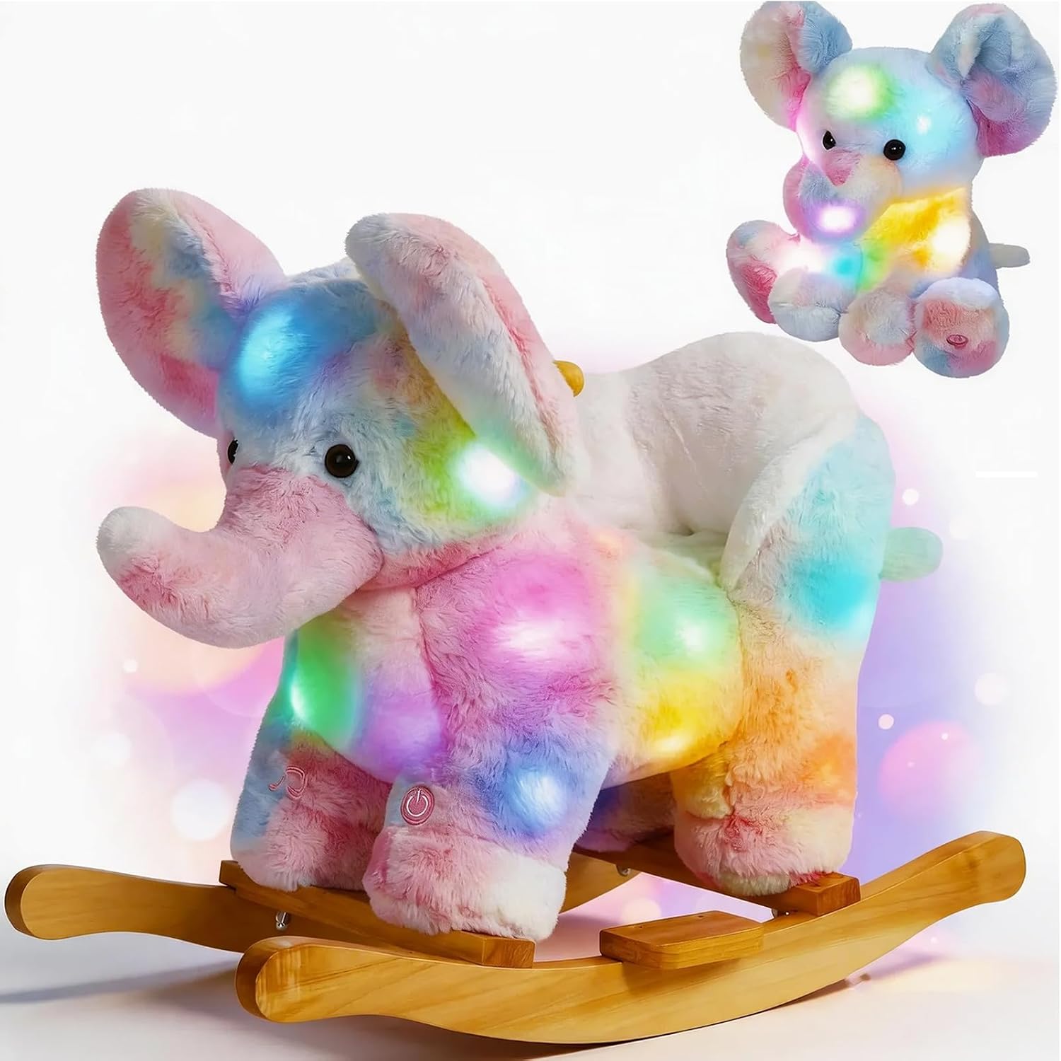 Glow Guards Light up Musical Elephant Baby Rocking Horse, Rainbow Elephant Rocker Set of 2 with Stuffed Animal, Stuffed Plush Ride-on Rocking Animal for Toddlers Baby Girl Ages 1-3