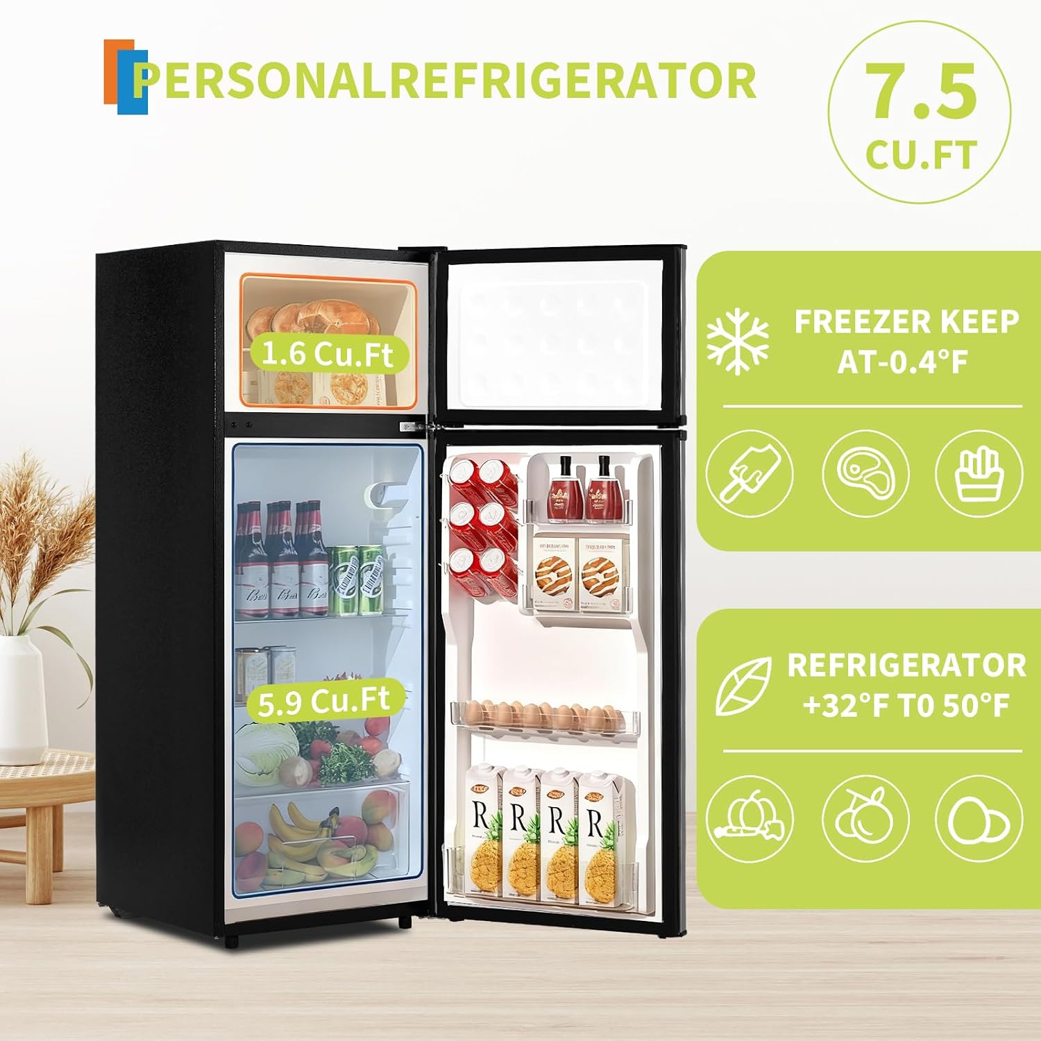 7.5 Cu. Ft. Compact Refrigerator | Two Door Mini Fridge with Energy-Efficient & Quiet Operation | for Dorm, Office, Bedroom, Kitchen, Bar Use with Adjustable Shelves