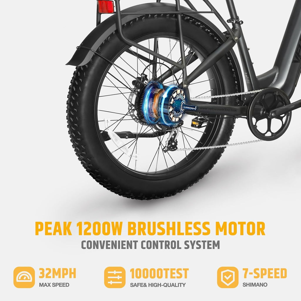 VELOWAVE Electric Bike 26' Fat Tire Ebike Peak 1200W Motor Electric Bike for Adults with 47.97V 14.4AH Removable LG Cell Battery Step-Thru E Bike up to 32MPH UL 2849 Certified with Lock& Bell