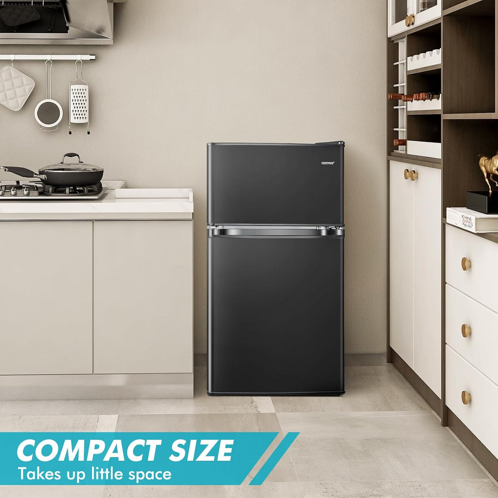 COSTWAY Compact Refrigerator, 3.2 Cu.Ft. Fridge Freezer Compartment with Reversible 2 Door, Adjustable Thermostat, Removable Glass Shelves, Mini Refrigerator for Bedroom Dorm Apartment, Black