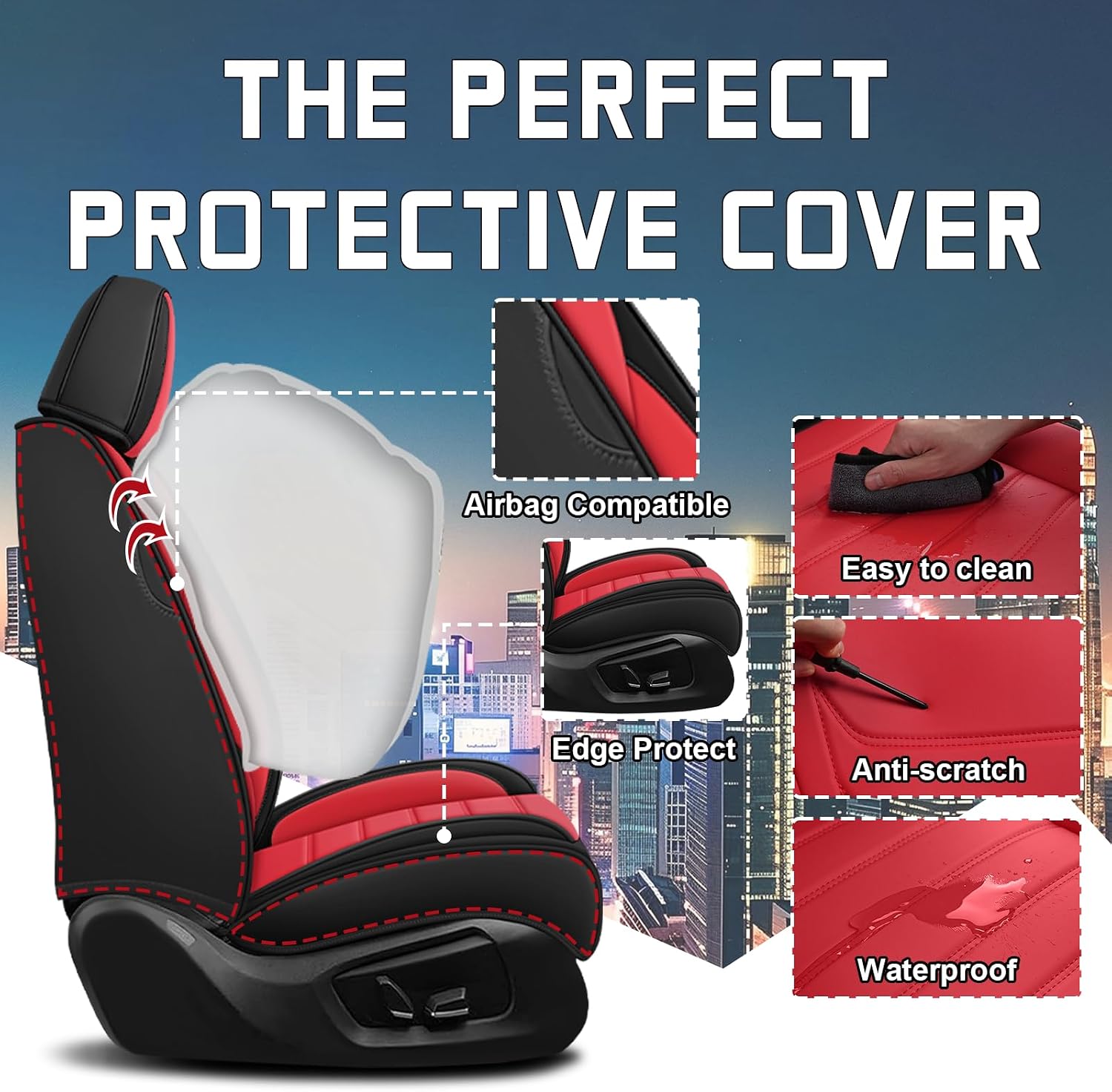 Car Seat Cover Full Set for Kia Sorento Seat Covers 2003-2025, Nappa Leather Waterproof Seat Covers for Cars, Airbag Compatible, Universal Automotive Seat Covers(Standard Front Row/Black Red)