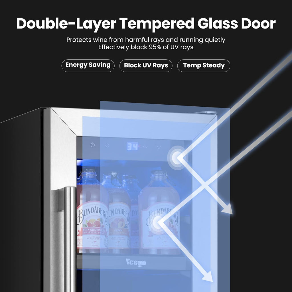 Yeego 12 Inch Beverage Refrigerator - 60 Cans Compact Beverage Cooler with Glass Door, Under Counter Drink Fridge Built-In or Freestanding for Soda, Beer & Wine, Office, Kitchen or Home Bar