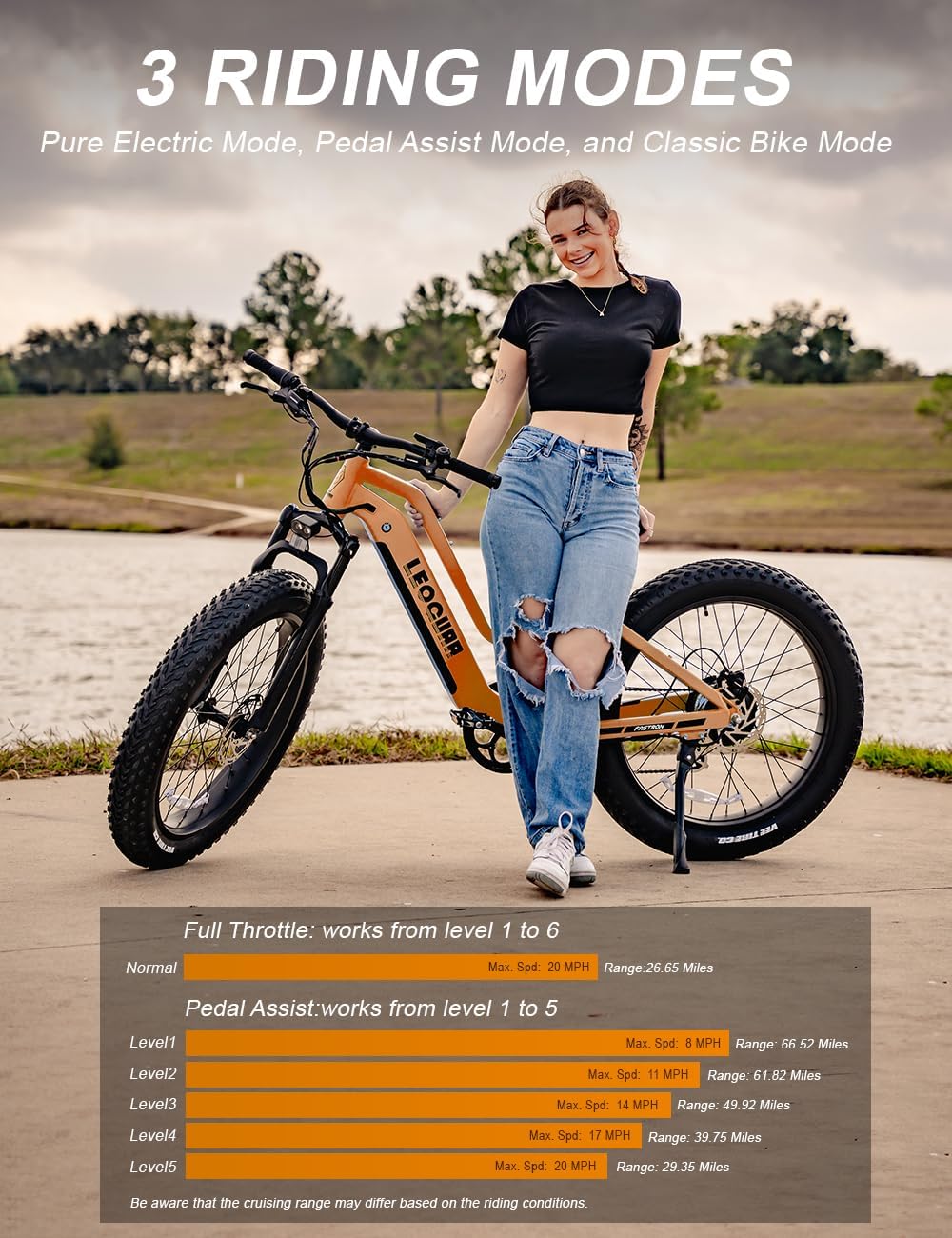 LEOGUAR 1000W Electric Bike for Adults, 26' Fat Tire Off-Road Ebike with Japanese Dapu Motor, 48V 720Wh LG Battery, 35MPH Max Speed, 60 Mile Range, Front Suspension, Smart LCD, Tektro Hydraulic Brakes