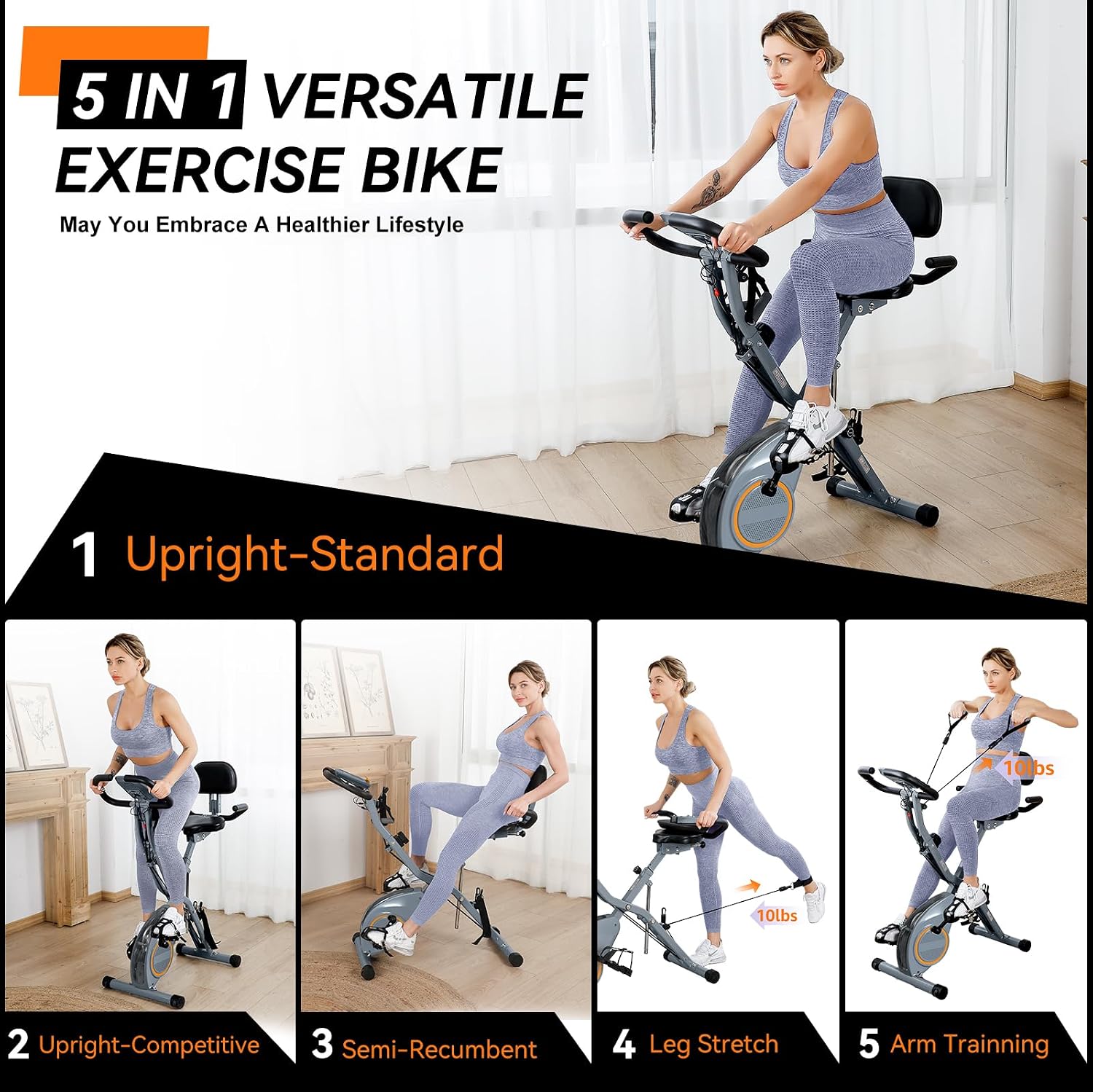 USLIM Foldable Exercise Bike Stationary Bikes for Home, 5 IN 1 Indoor Workout Bike, Cycling Bike with 16-Level Quiet Magnetic Resistance, 6.6 LBS Flywheel and 300LBS Capacity for Senior and Home Workout