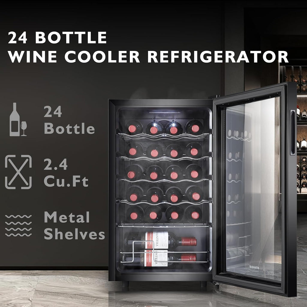 24 Bottle Mini Fridge, Small Freestanding Wine Cooler Refrigerator for Red and White with 40-66F Digital Temperature Control Glass Door