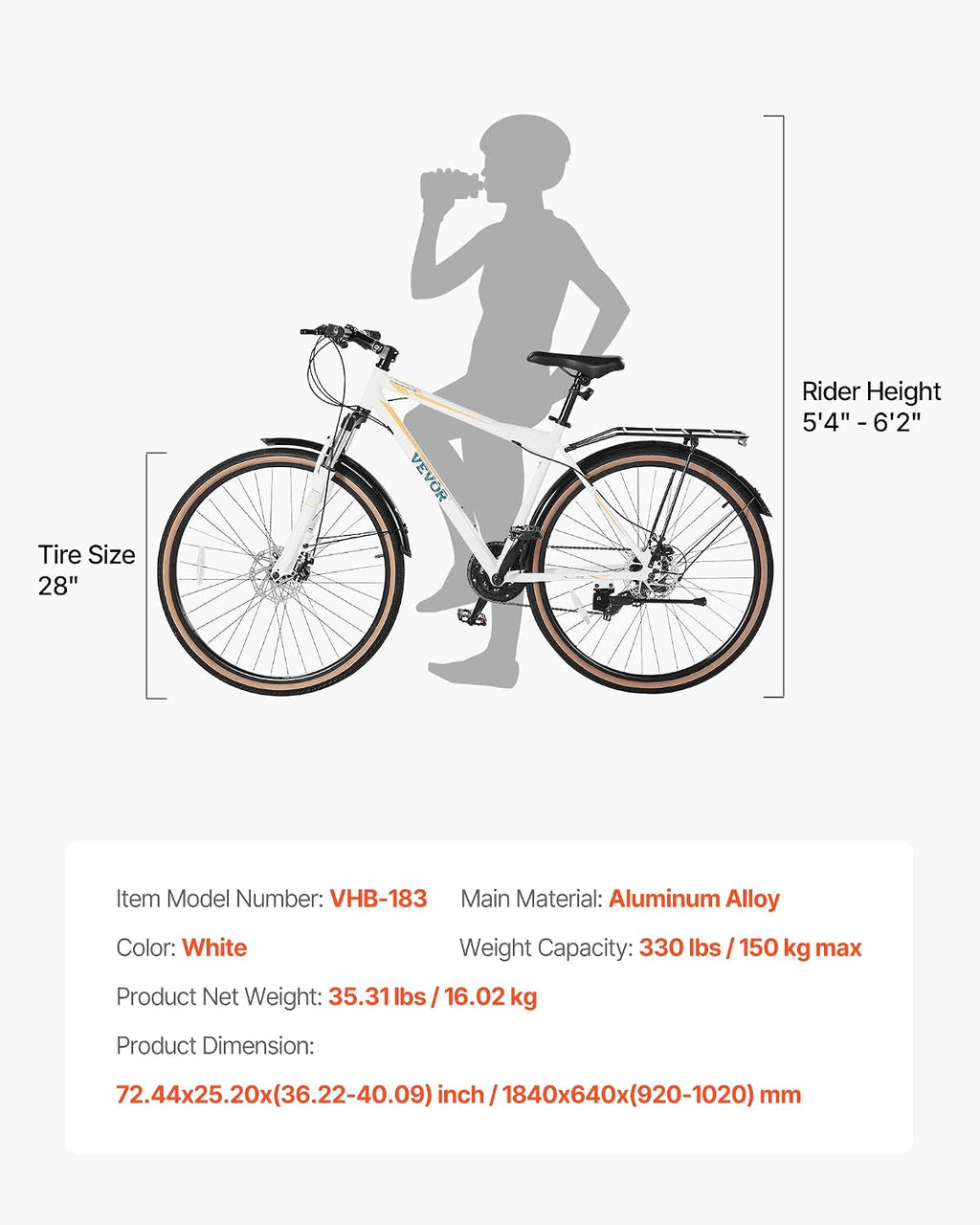 VEVOR Hybrid Bike, Lightweight Aluminum Frame Bike, 700c Wheel Men Women Hybrid Bicycle, Step-Over/Step-Through Adult Urban City Commuter Bikes, with 7/24 Speed, Alloy Adjustable Stem and Seat