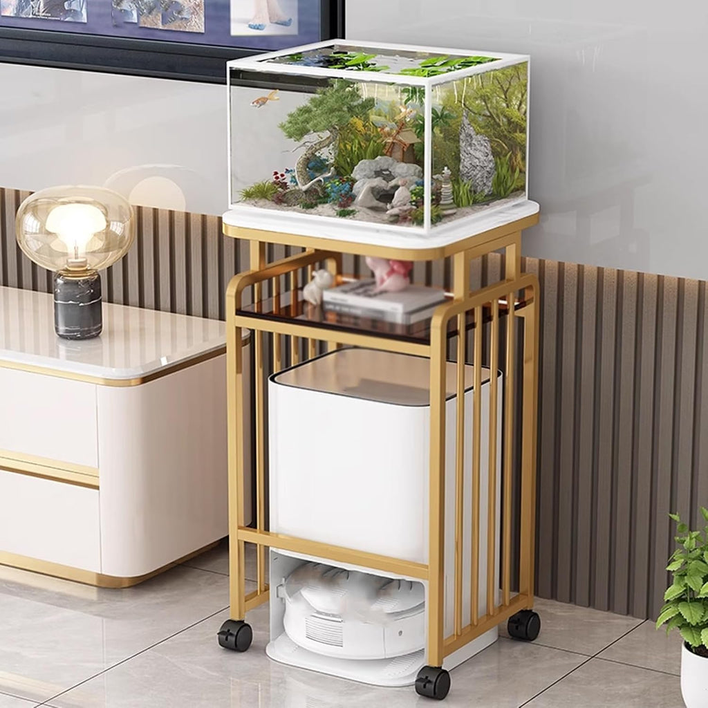 Metal Side Table with Storage, Robot Vacuum and Mop Self Emptying Small Storage Cabinet, Multi-Functional Fish Tank Stand, End Table for Robot Vacuum's Nest House(Gold,60 * 40 * 65cm)