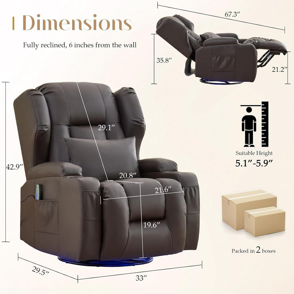 Power Swivel Rocker Recliner Chair with Massage & Heat, Dual Motor Electric Glider Rocking Recliner with USB Ports, Cup Holders & LED Light for Living Room, Home Theater (Brown PU)