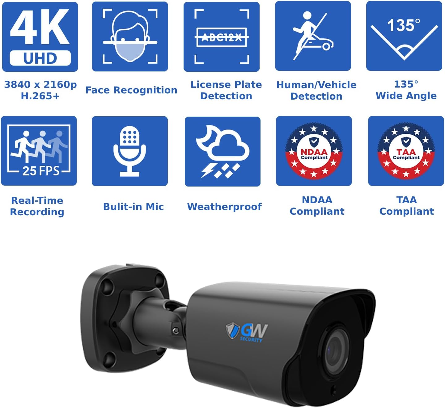 GW Security 8 Channel 12MP NVR Face Recognition/Human/Vehicle Detection 4K 8MP Security Camera System - Eight 8MP 2160P Outdoor Microphone AI Bullet Cameras, Video & Audio Recording, 2TB Hard Drive