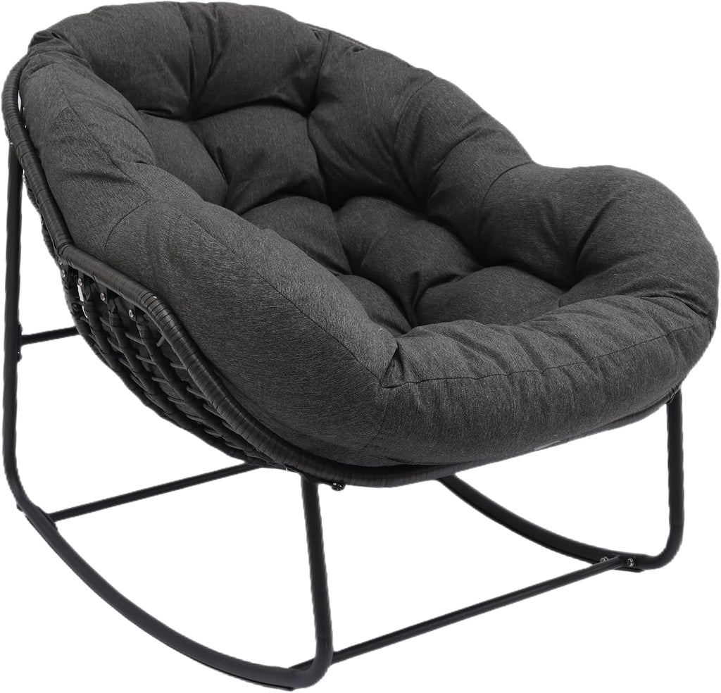 Indoor & Outdoor Rocking Chair, Oversized Rattan Royal Rocking Chair with Padded Cushion, Rocker Egg Chair for Living Room, Patio, Front Porch, Backyard,Dark Grey