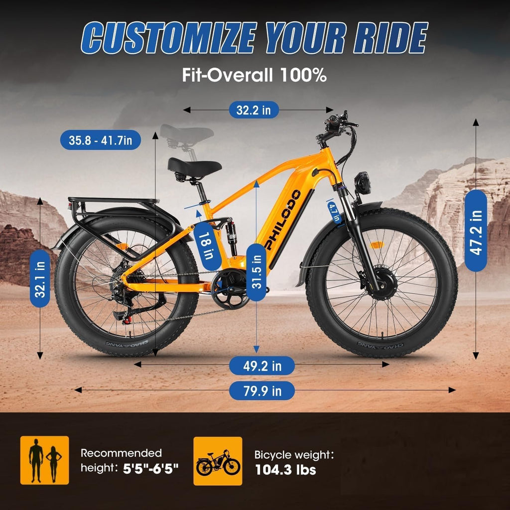 Electric-Bike for Adults, Dual-Motor-Ebike Hunting-Ebike 5000W, 60V 32AH Long Range Dirtbike, Fat-Tire-Electric-Bicycle, Full Suspension for Off-Road Snow Sand