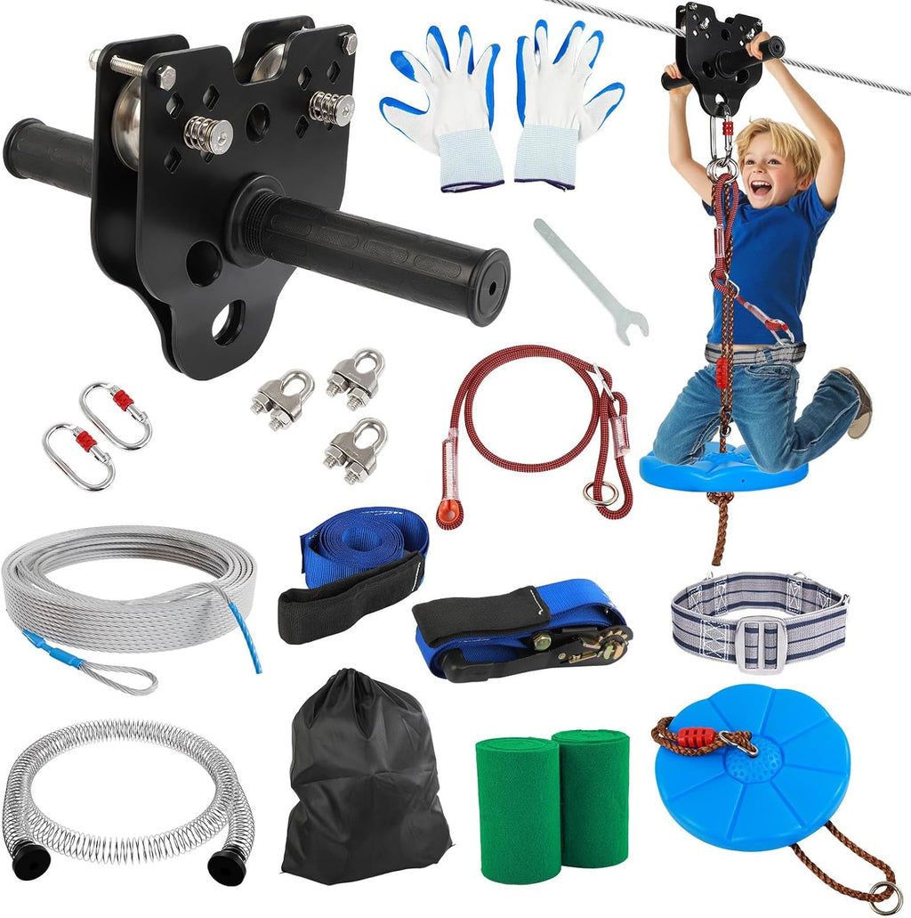 FAHKNS Zip Line Kit for Kids Adults: 100FT Up to 400 lbs - Updated Removable Design Trolley,Thickened Seat,Safety Harness,Quick Tighten Zipline Kits for Outdoor Backyard