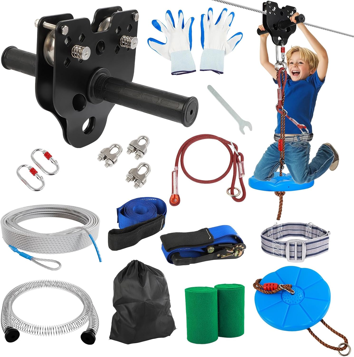 FAHKNS Zip Line Kit for Kids Adults: 100FT Up to 400 lbs - Updated Removable Design Trolley,Thickened Seat,Safety Harness,Quick Tighten Zipline Kits for Outdoor Backyard