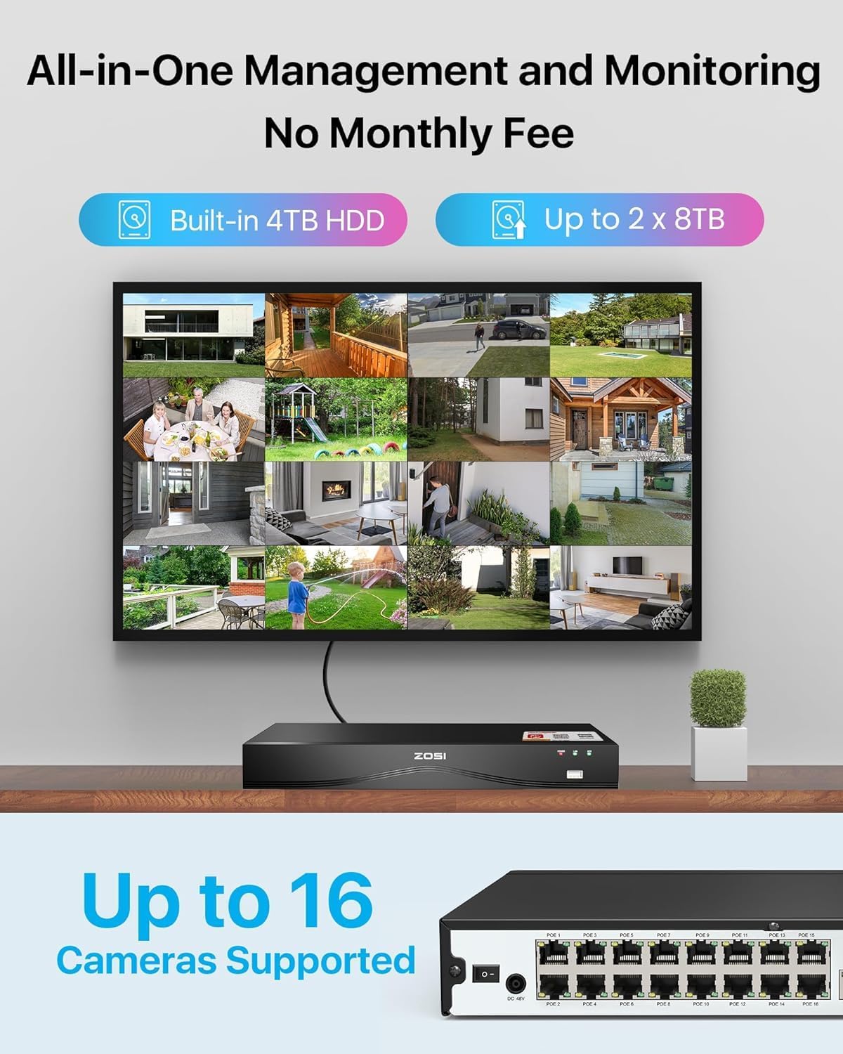 ZOSI 32 Channel 4K PoE Security Camera System,16x 8MP Outdoor Indoor Cameras,AI Human Vehicle Detection,Two-Way Talk,Color Night Vision,32CH 16 Port Commercial NVR 4TB HDD Surveillance for Business