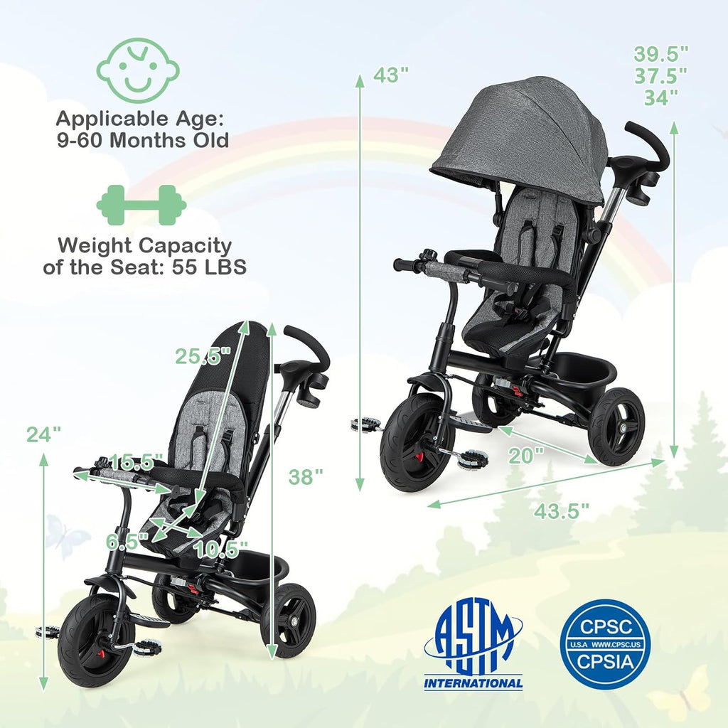 HONEY JOY Tricycle, 6 in 1 Kids Trike Stroller w/Adjustable Push Handle & Canopy, Reversible Seat, Safety Belt, Folding Pedal, Cup Holder, Storage, Push Tricycle for Toddlers 9 Months-5 Years (Gray)