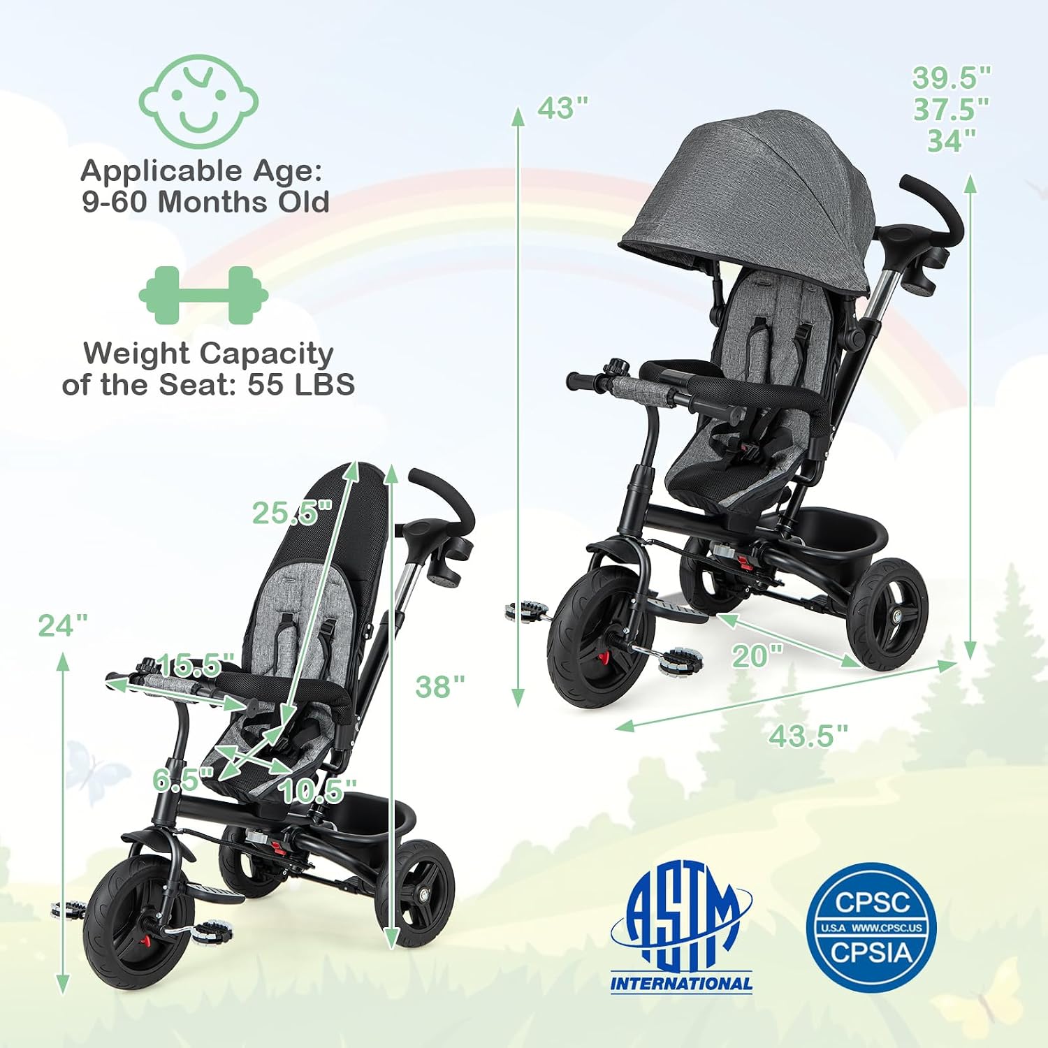 HONEY JOY Tricycle, 6 in 1 Kids Trike Stroller w/Adjustable Push Handle & Canopy, Reversible Seat, Safety Belt, Folding Pedal, Cup Holder, Storage, Push Tricycle for Toddlers 9 Months-5 Years (Gray)