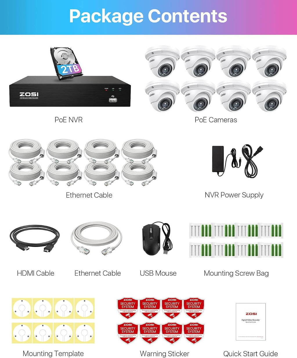 ZOSI 4K PoE Security Camera System with 2TB Hard Drive, 8 Ports 16CH 8MP NVR Recorder, 8pcs 3K 5MP Outdoor Indoor Home PoE Dome Cameras, Night Vision, Motion Alert, Remote Access, for 24/7 Recording