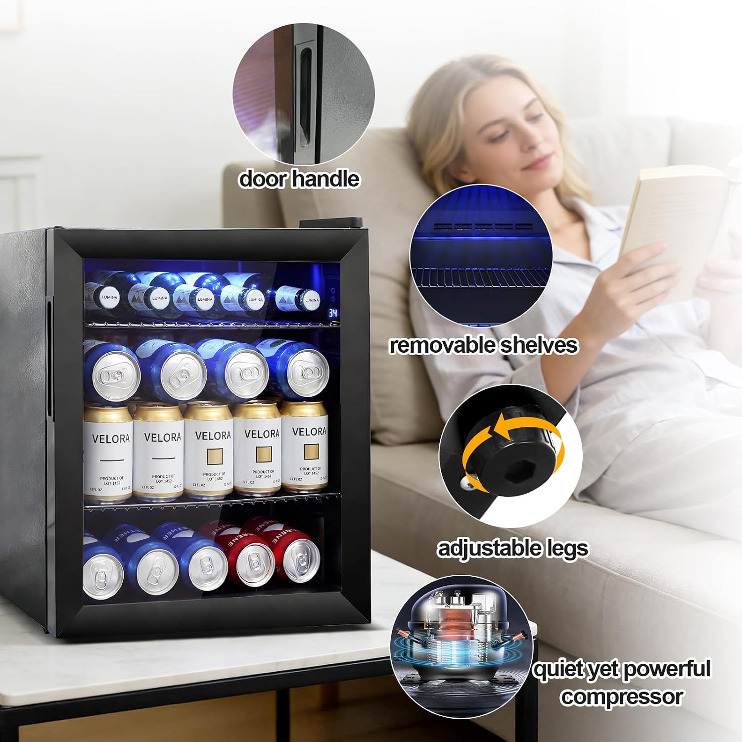 Mini Beverage Refrigerator - Small Beverage Fridge with Glass Door for Soda Beer Wine – Countertop Drink Cooler for Home, Dorm, Office or Bar, Electronic Temperature Control，1.4cu.ft.Black