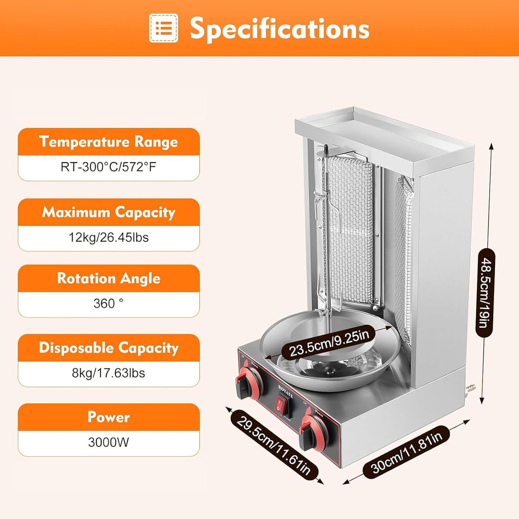Vertical Grill with Adjustable Timer, with Two Adjustable Heating Tubes, Automatic Rotating Grill Plate, Smokeless Household Grill Plate with Built-in Grease Tray, 360° Rotation