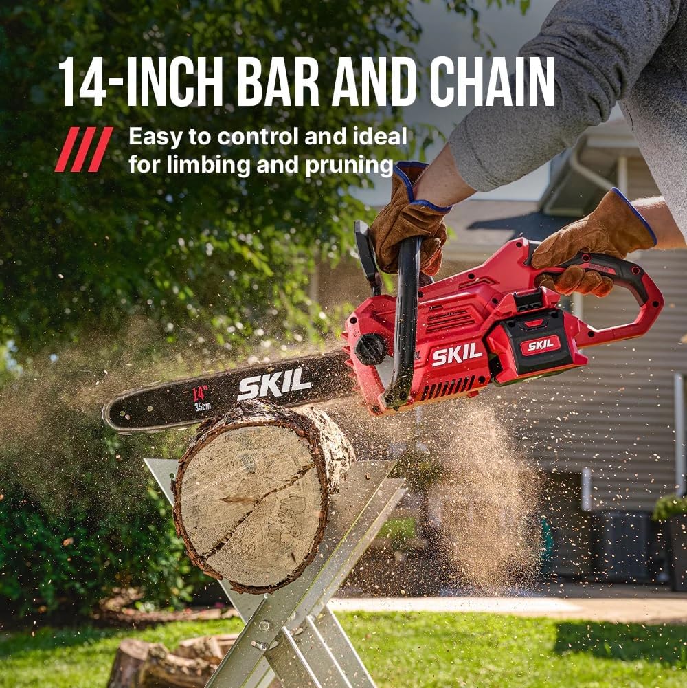 SKIL PWR CORE 40 Brushless 40V 14' Lightweight Chainsaw Kit with Tool-free Chain Tension & Auto Lubrication, Includes 2.5Ah Battery and Auto PWR Jump Charger - CS4555-10