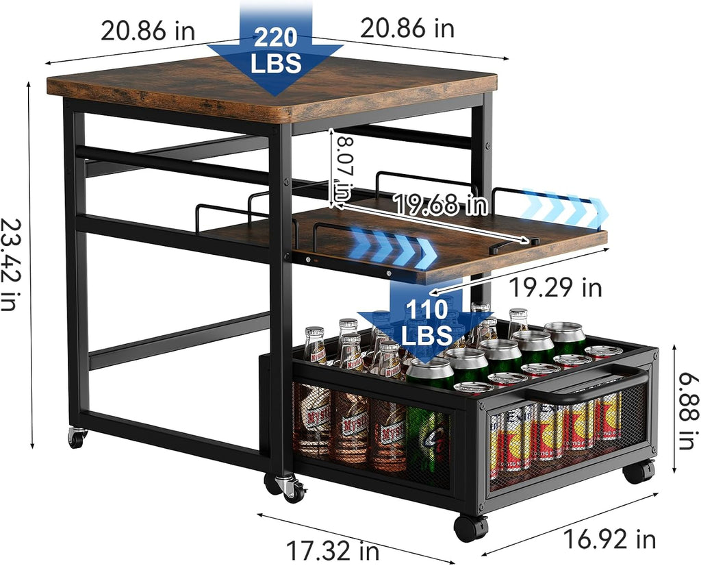 DDJ Mini Fridge Stand with Storage, 21 x 21 in Heavy Duty Mini Fridge Table with Pull-out Shelf and Lockable Wheels, Compact Refrigerator Stand with Drawer Basket for Home Office, Rustic Brown