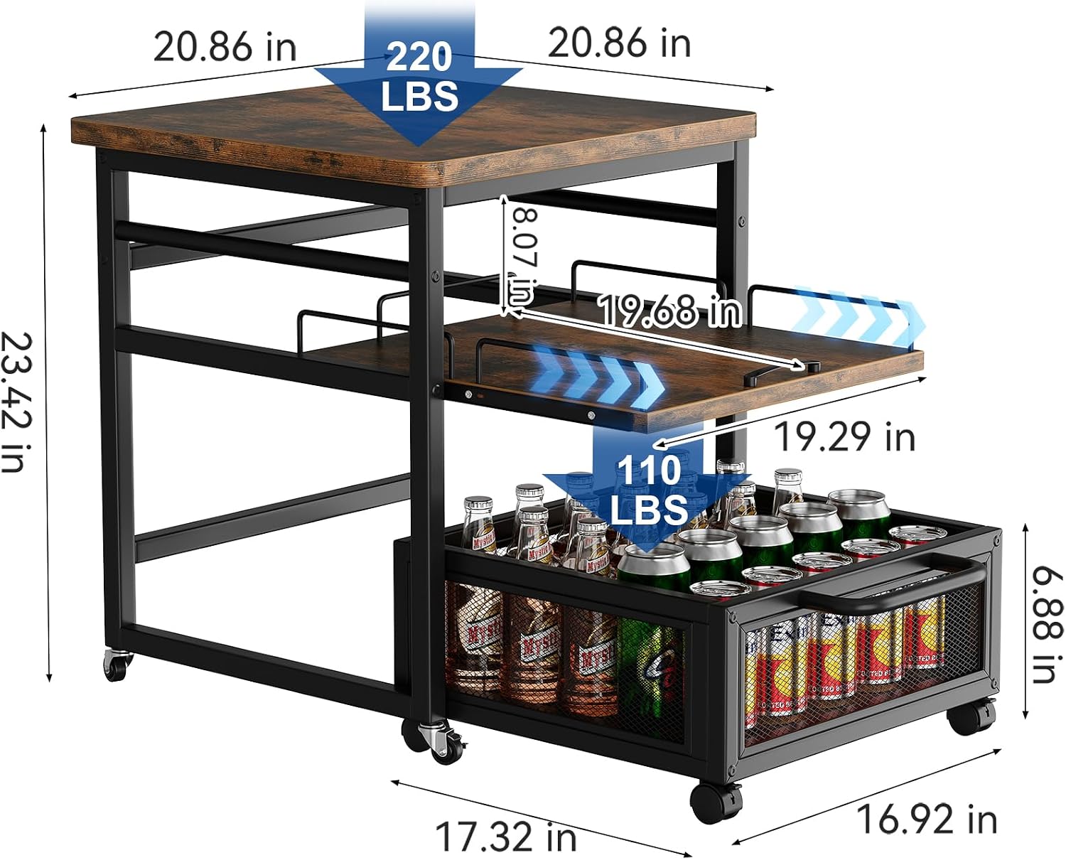 DDJ Mini Fridge Stand with Storage, 21 x 21 in Heavy Duty Mini Fridge Table with Pull-out Shelf and Lockable Wheels, Compact Refrigerator Stand with Drawer Basket for Home Office, Rustic Brown