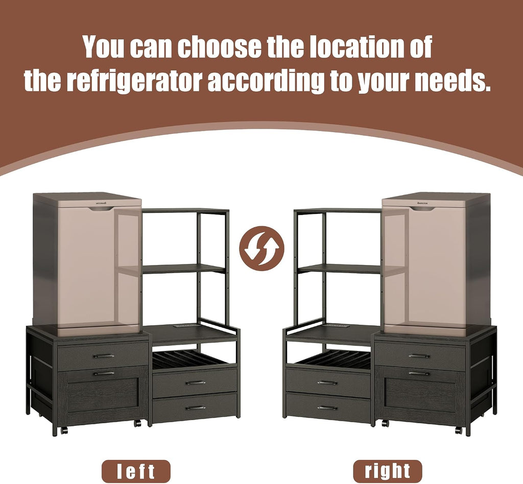 Herture Mini Fridge Stand with Wine Rack, Kitchen Bakers Rack with Power Outlet, Microwave Oven Stand, Coffee Bar, Movable Drawers, for Dorm,Office, Black HB04BXB