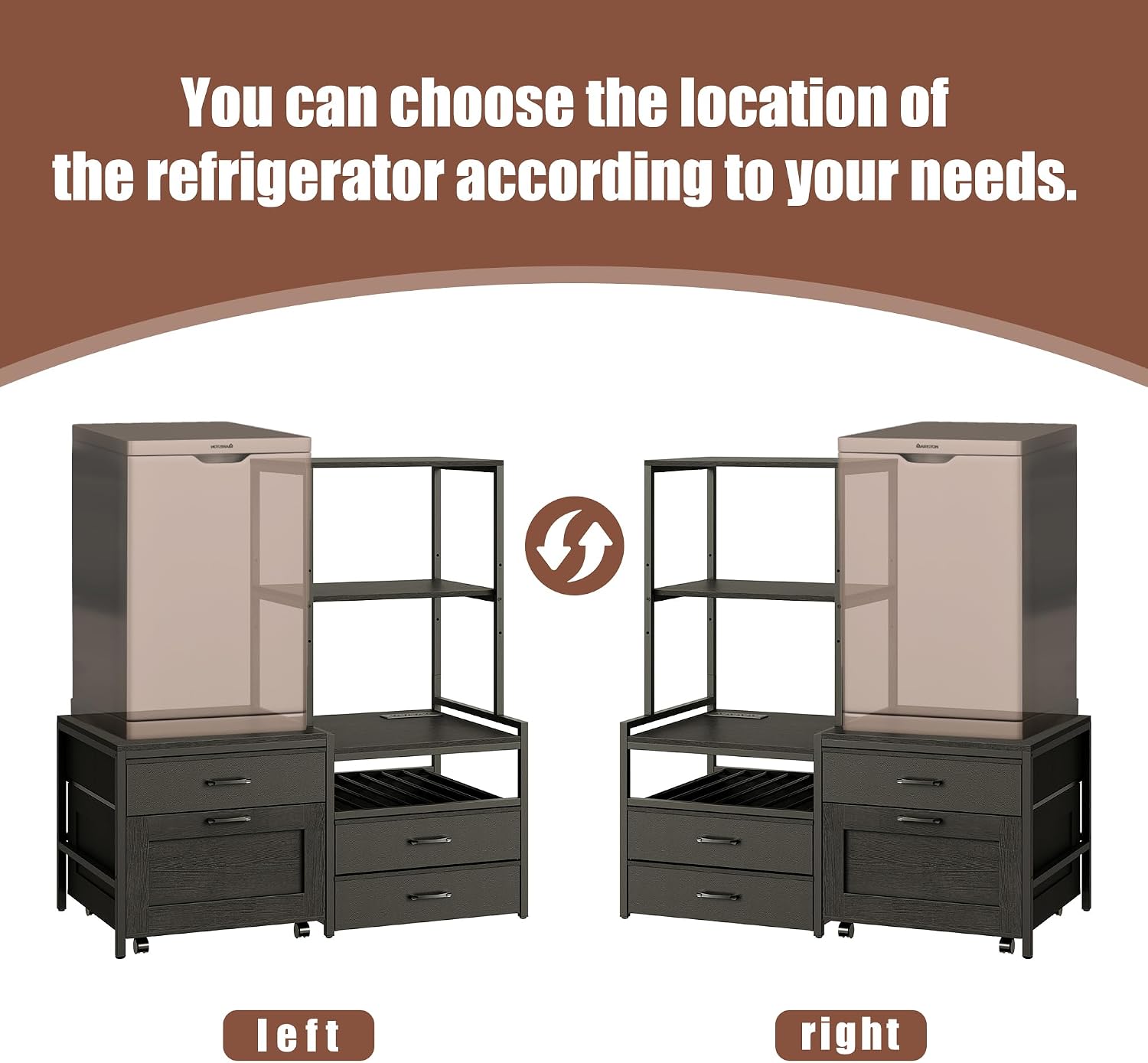 Herture Mini Fridge Stand with Wine Rack, Kitchen Bakers Rack with Power Outlet, Microwave Oven Stand, Coffee Bar, Movable Drawers, for Dorm,Office, Black HB04BXB