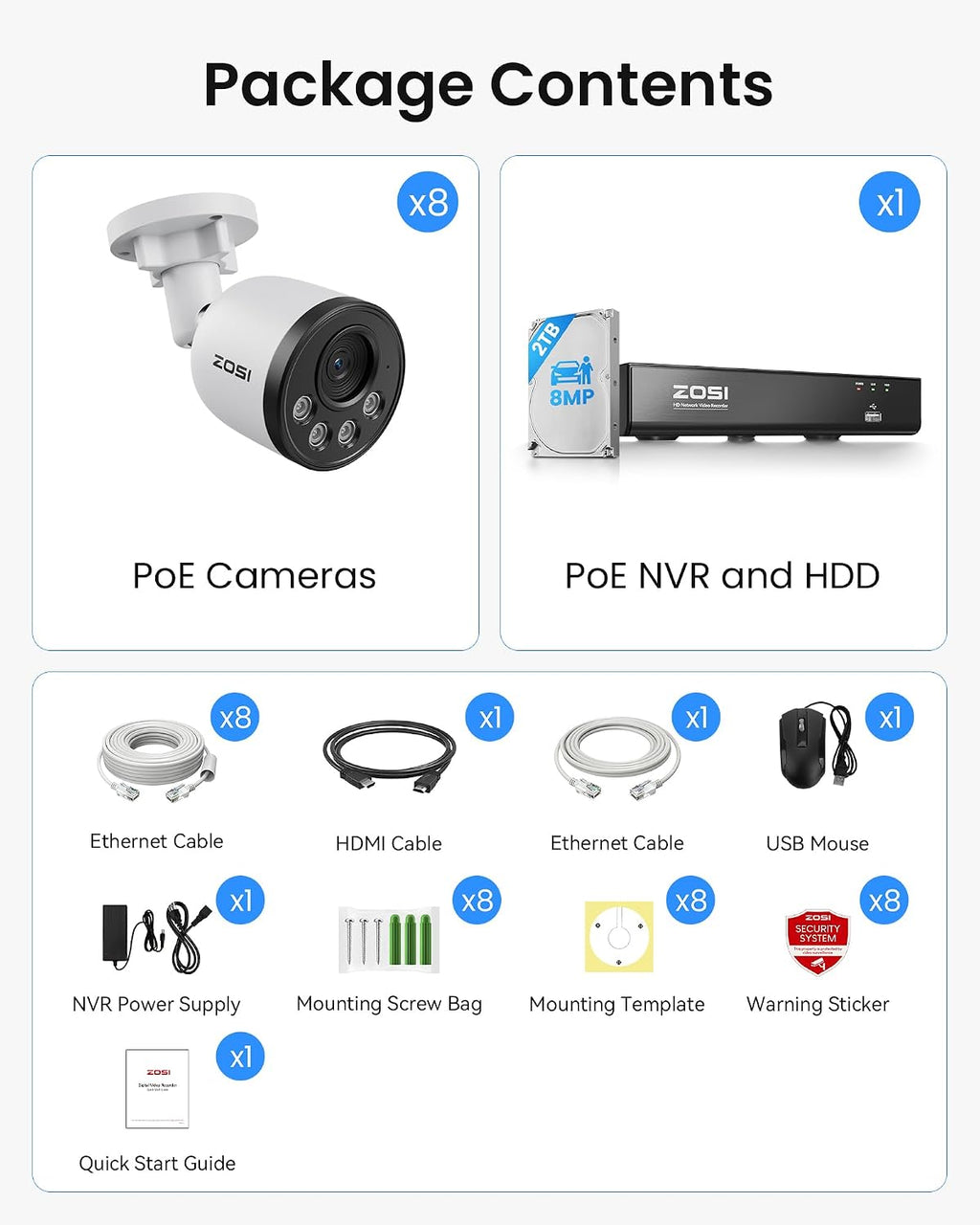 ZOSI 4K PoE NVR Security Camera System with Audio, Smart Person Vehicle Detection, People Counting, 8pcs 8MP Weatherproof Wired PoE Cameras, H.265+ 4K/8MP 8CH NVR with 2TB HDD for Home 24/7 Recording
