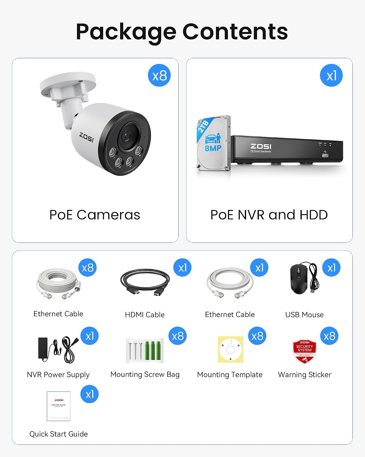 ZOSI 4K PoE NVR Security Camera System with Audio, Smart Person Vehicle Detection, People Counting, 8pcs 8MP Weatherproof Wired PoE Cameras, H.265+ 4K/8MP 8CH NVR with 2TB HDD for Home 24/7 Recording