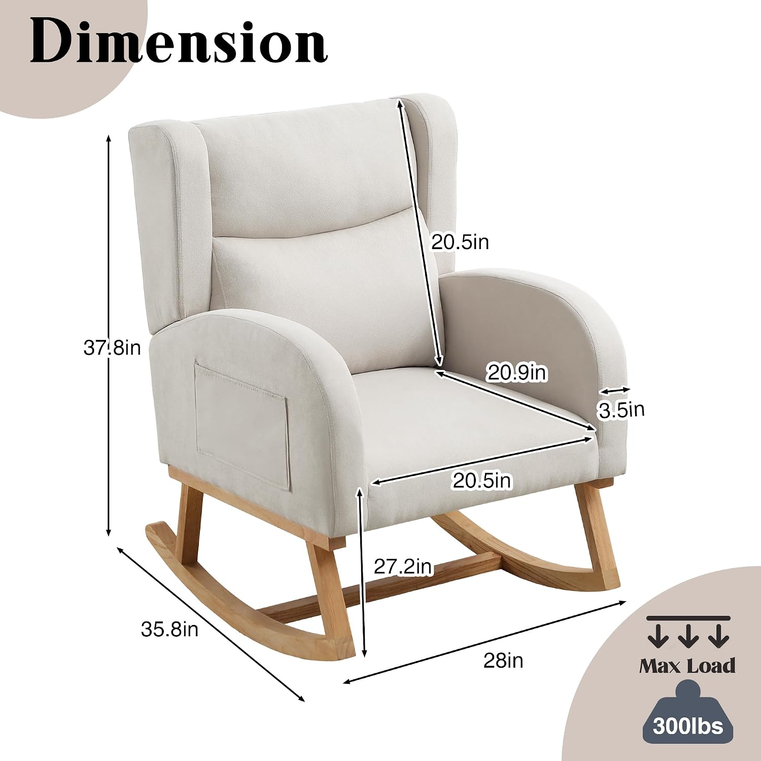 Nursery Rocking Chair,Linen Upholstered Rocker Chair,Wingback Nursing Rocking Chair with High Back for Nursing Adults Living Room, Bedroom(Linen Beige)