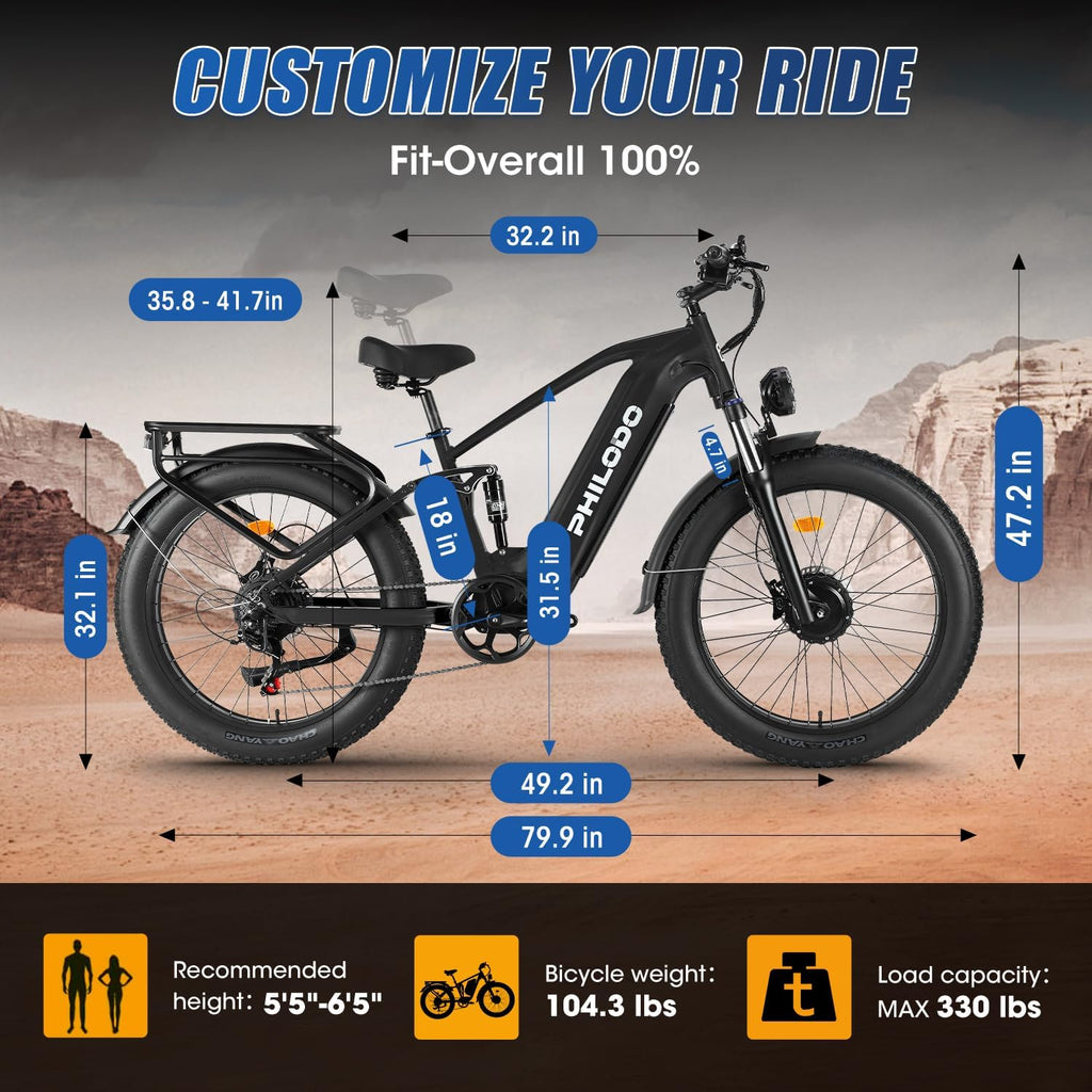 Electric-Bike for Adults, Dual-Motor-Ebike Hunting-Ebike 5000W, 60V 32AH Long Range Dirtbike, Fat-Tire-Electric-Bicycle, Full Suspension for Off-Road Snow Sand