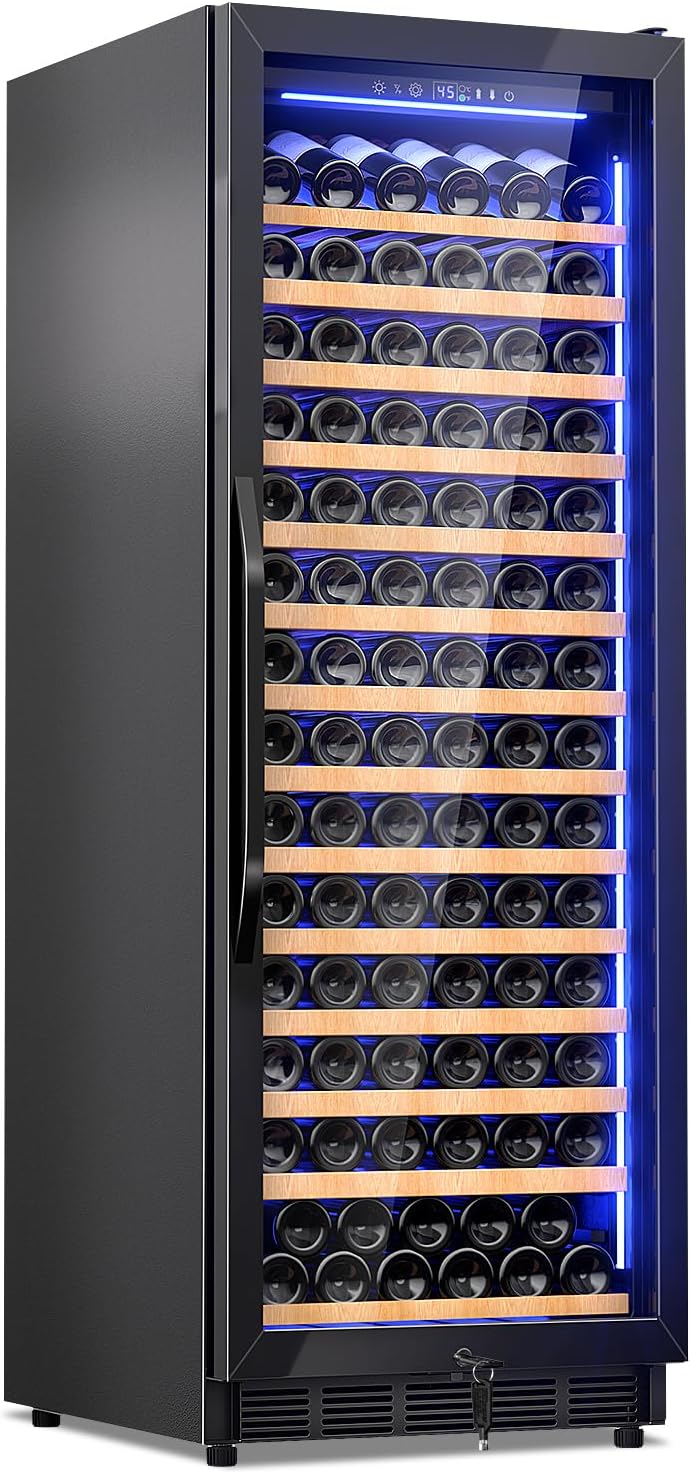 Velivi Wine Cooler-Wine Fridge with Safety Lock Freestanding/Built in 24 Inch Wide Large Wine Refrigerator for 154 Bottles,Cellar Chiller Low Noise, Fast Cooling, Black