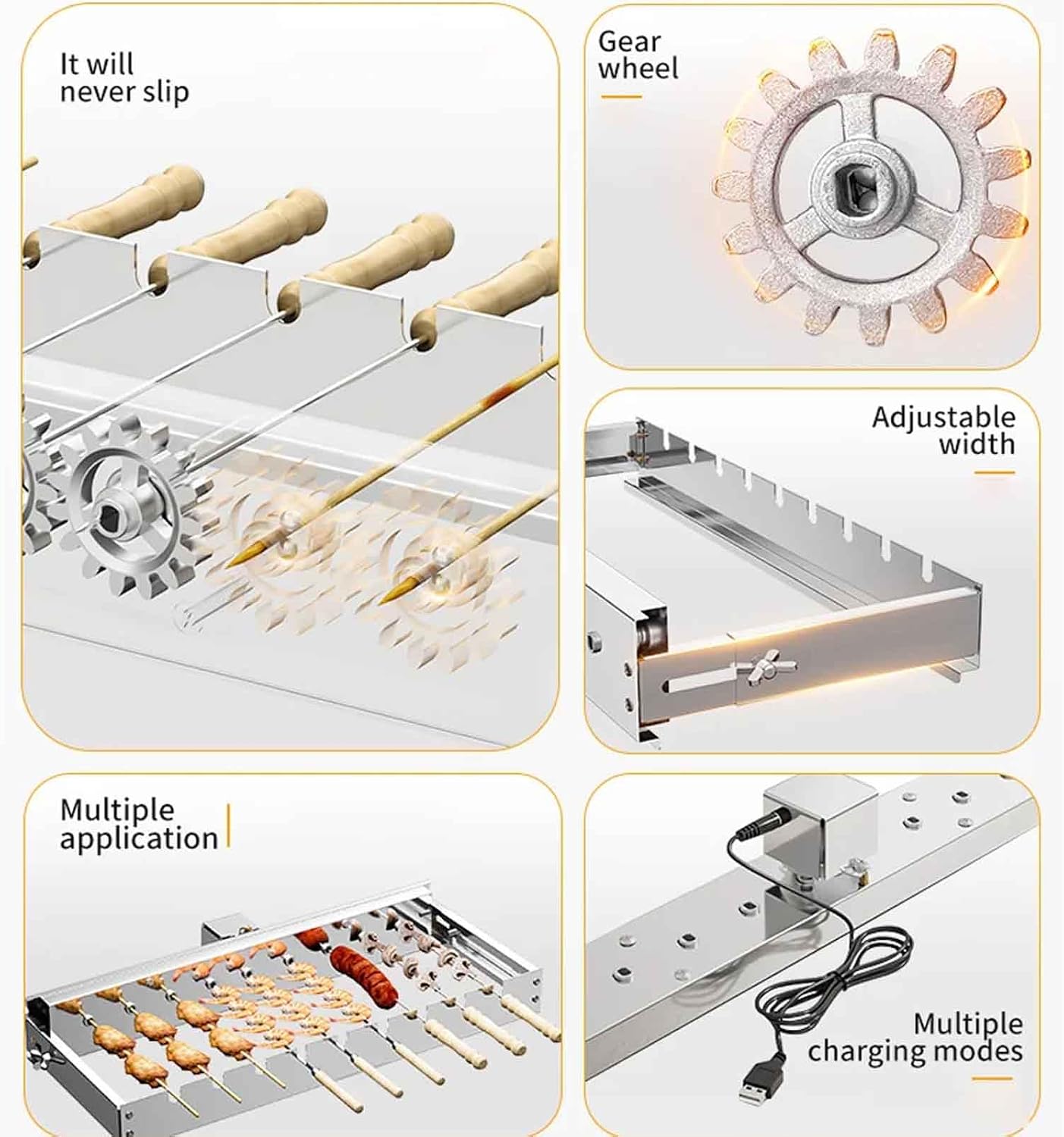iDili Ac/Dc Fully Automatic Barbecue Flip Rack, Adjustable Width Bamboo Skewer Grilling Machine 5V Can Be Connected to Power Bank (60cm)