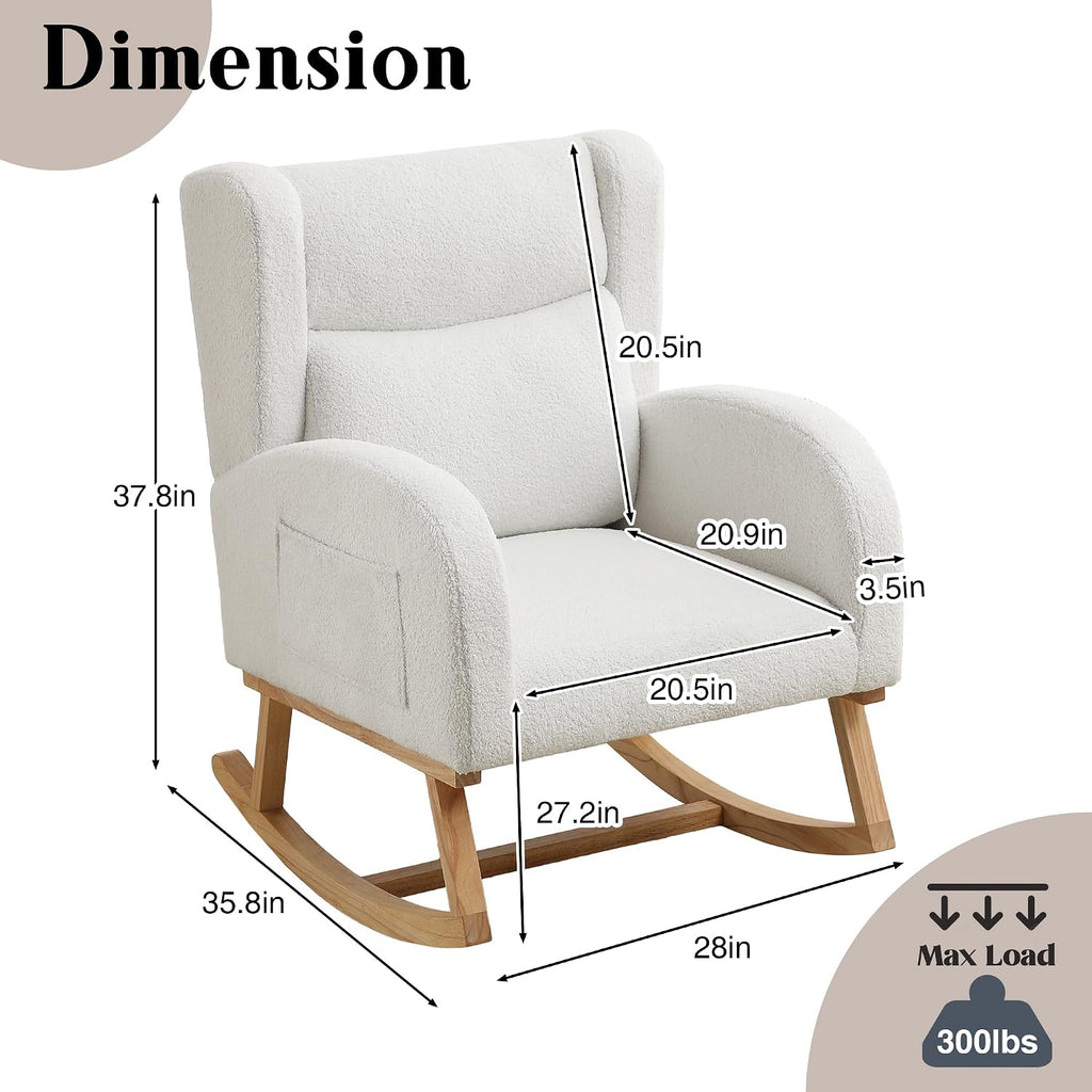 HCHAIRH Nursery Rocking Chair,Wingback Nursery Rocking Chairs,Nursing Glider Rocker Chair with High Back for Living Room Bedroom(Teddy White)