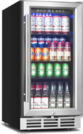 Feelfunn 15 Inch Beverage Refrigerator Under Counter - 126 Cans Beverage Fridge with Glass Door for Beer Wine Soda - Built-in or Freestanding Wine Cooler with Safety Lock for Home Kitchen Bar