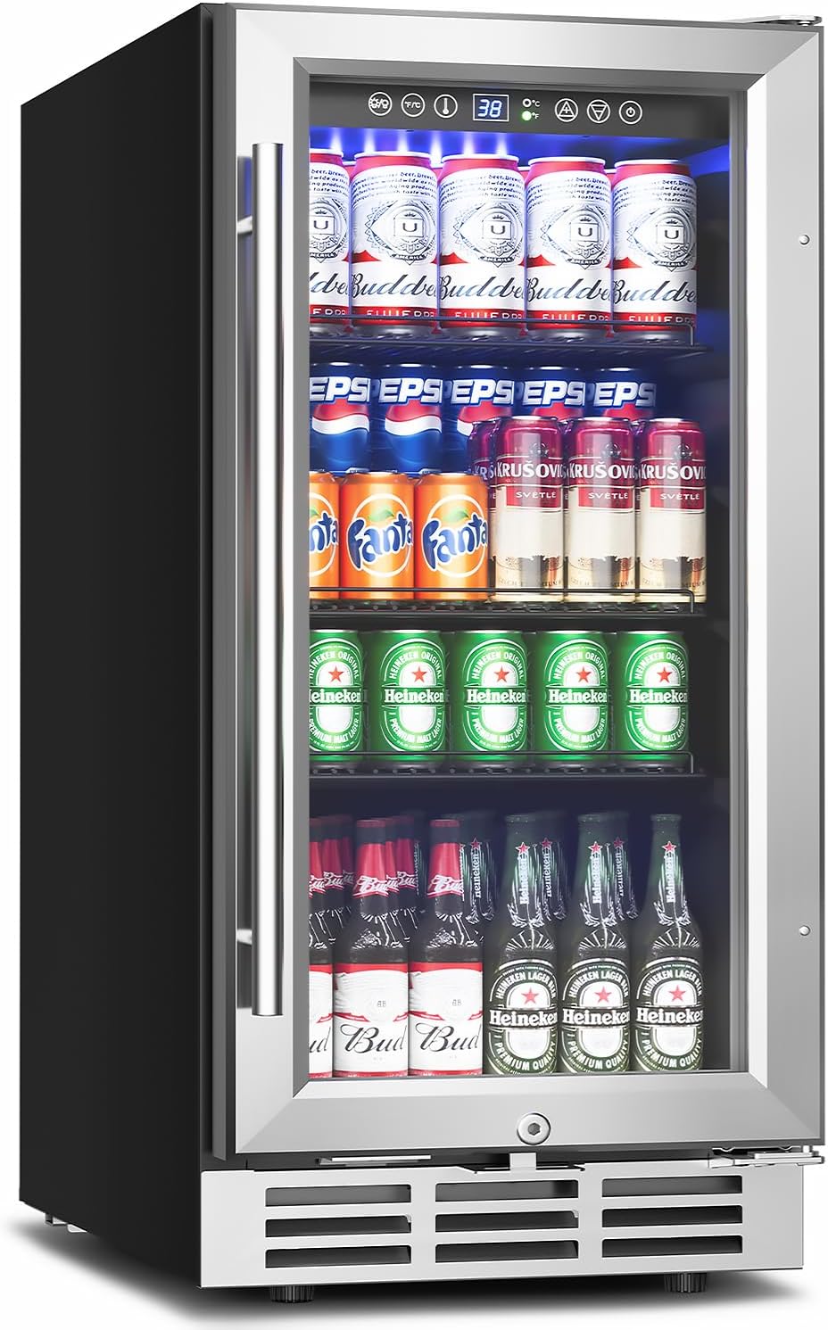 Feelfunn 15 Inch Beverage Refrigerator Under Counter - 126 Cans Beverage Fridge with Glass Door for Beer Wine Soda - Built-in or Freestanding Wine Cooler with Safety Lock for Home Kitchen Bar