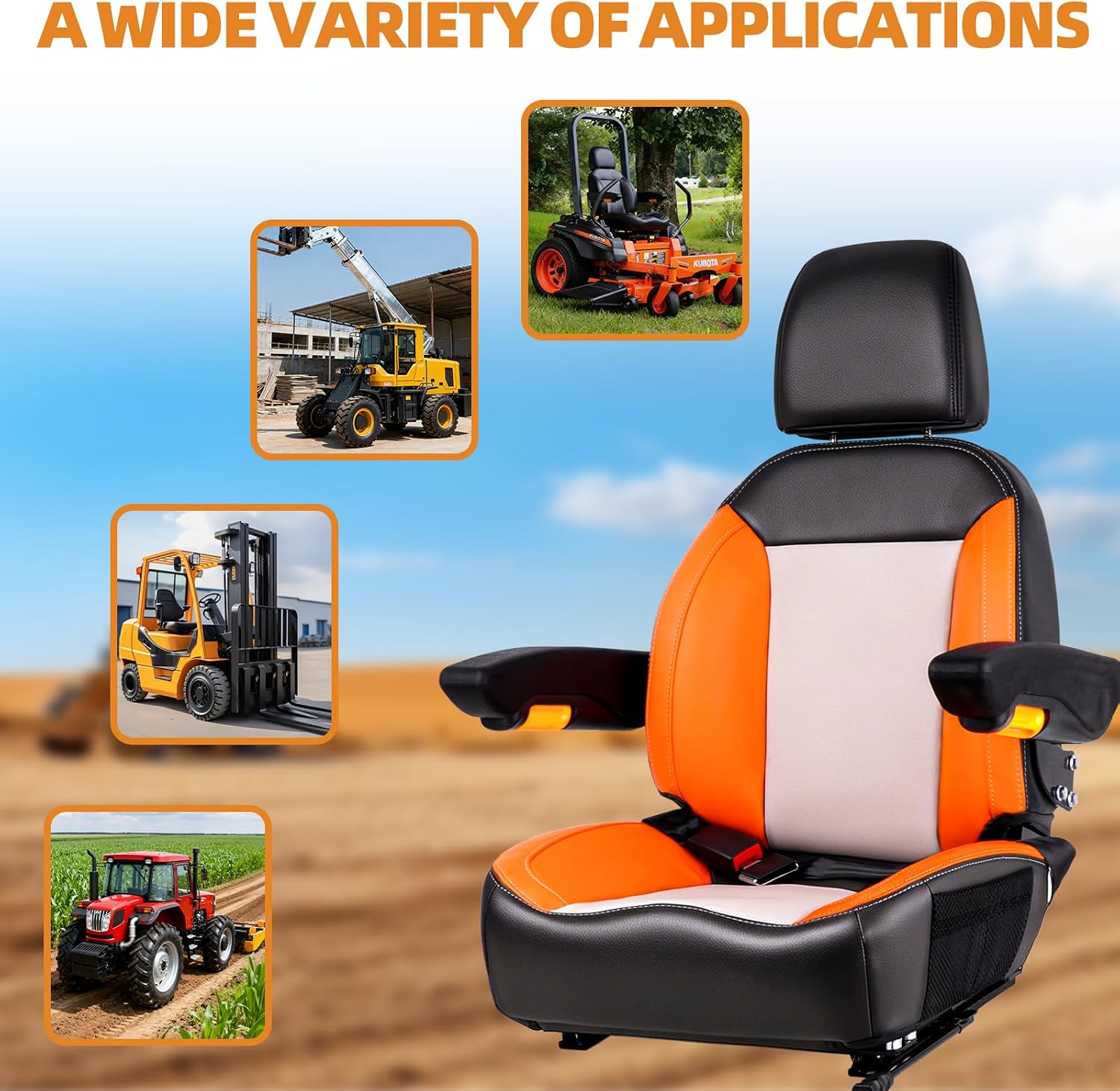 Universal Orange Ergonomic Tractor Seat with Adjustable Backrest, Armrests & Safety Belt And Micro Switch– Replacement for Zero Turn Mowers, Forklifts, Skid Steers, Loader Telehandler Dozer Excavator