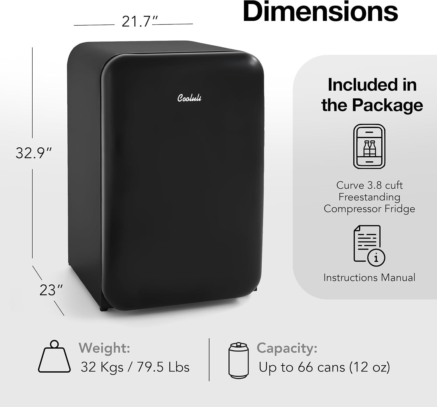 Cooluli Curve 3.8 cu ft Mini Fridge with Freezer - Small Refrigerator for Bedroom, Office, Dorm Room (Black, 3.2 cu.ft Refrigerator, 0.6 Freezer)
