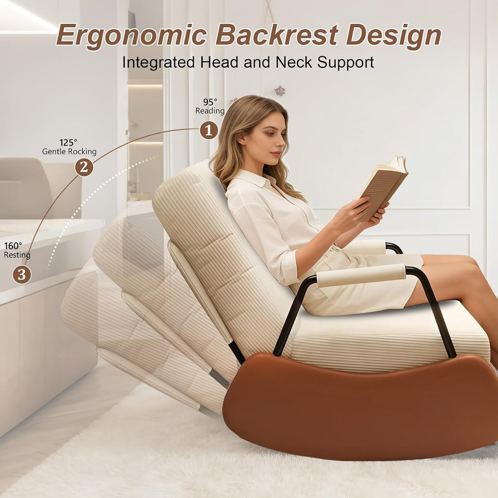 JPBSTO Rocking Chair Nursery, Upholstered Glider Rocking Chair with Footrest, Side Pocket and Adjustable High Backrest, Foldable Rocker Recliner Perfect for Living Room Bedroom, Beige