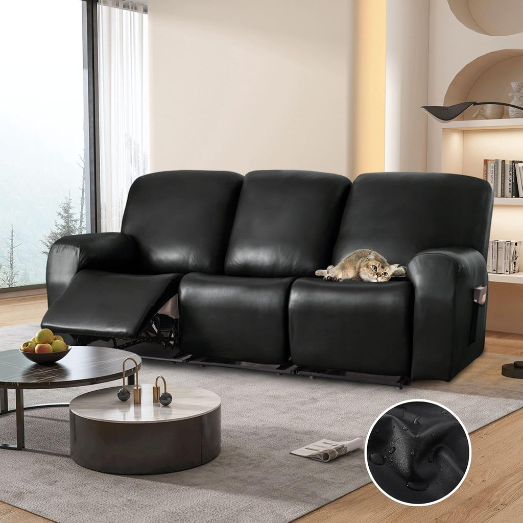 100% Waterproof PU Leather Sofa Slipcovers 8-Pieces Stretch Reclining Couch Covers for 2 Seat Anti-Slip Elastic Strap Furniture Protector for Kids, Pets (Black, 3 Seater)