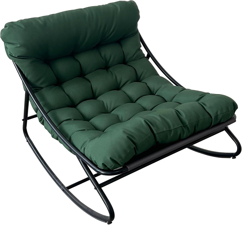Outdoor Rocking Chair, Oversized Patio Papasan Rocking Chair with Cushion, Modern Comfy Lounge Rocker Chairs for Indoor Balcony Porch (Green)