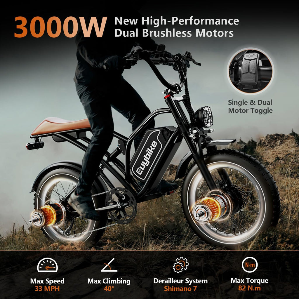 3000W/2000W Dual Motor/Single Motor Electric Bike for Adults, 48V 30AH/25AH Removable Battery Moped Style EBike, 30+MPH & 100 Miles 20' Fat Tires Electric Dirt Bike, Hydraulic Suspension Torque Sensor
