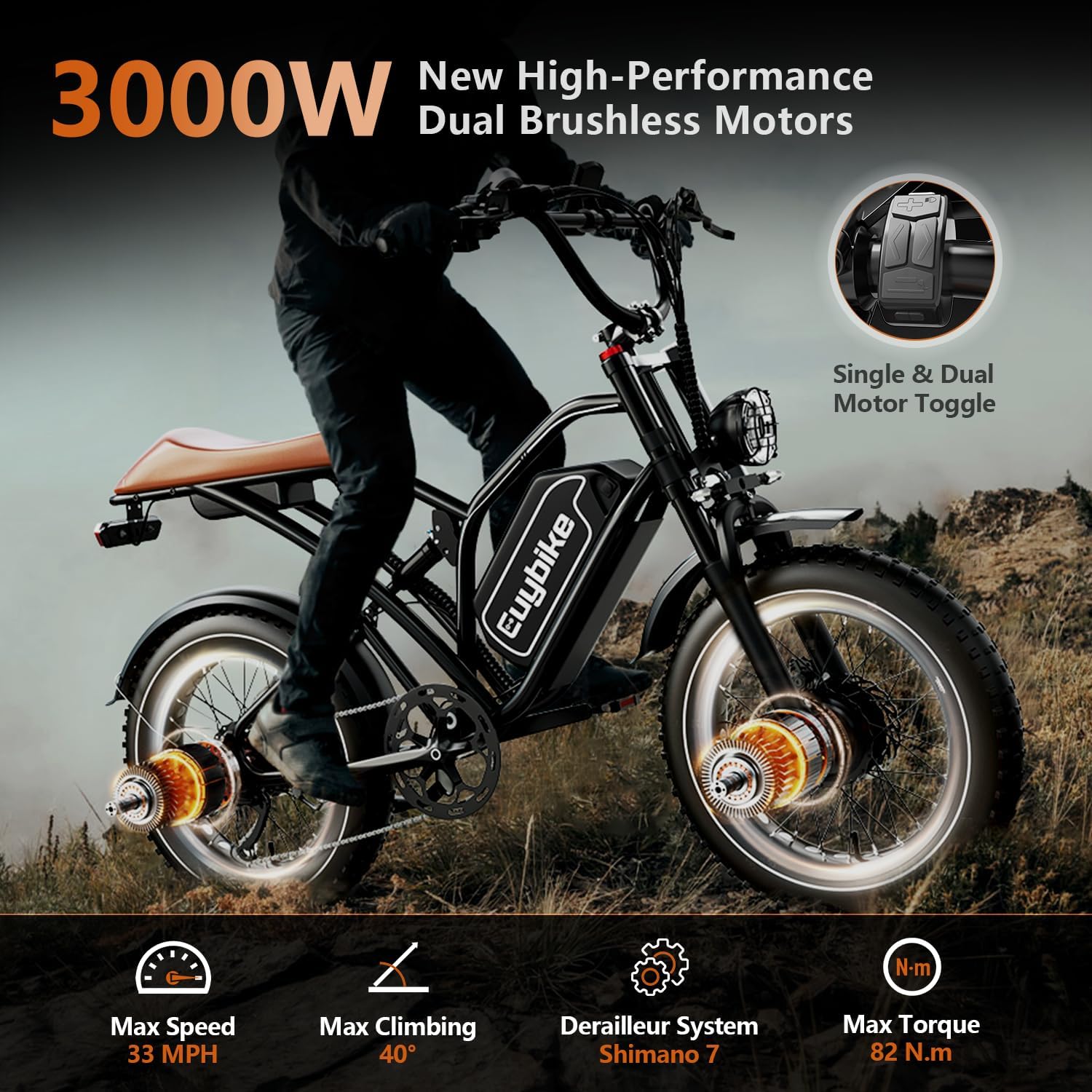 3000W/2000W Dual Motor/Single Motor Electric Bike for Adults, 48V 30AH/25AH Removable Battery Moped Style EBike, 30+MPH & 100 Miles 20' Fat Tires Electric Dirt Bike, Hydraulic Suspension Torque Sensor